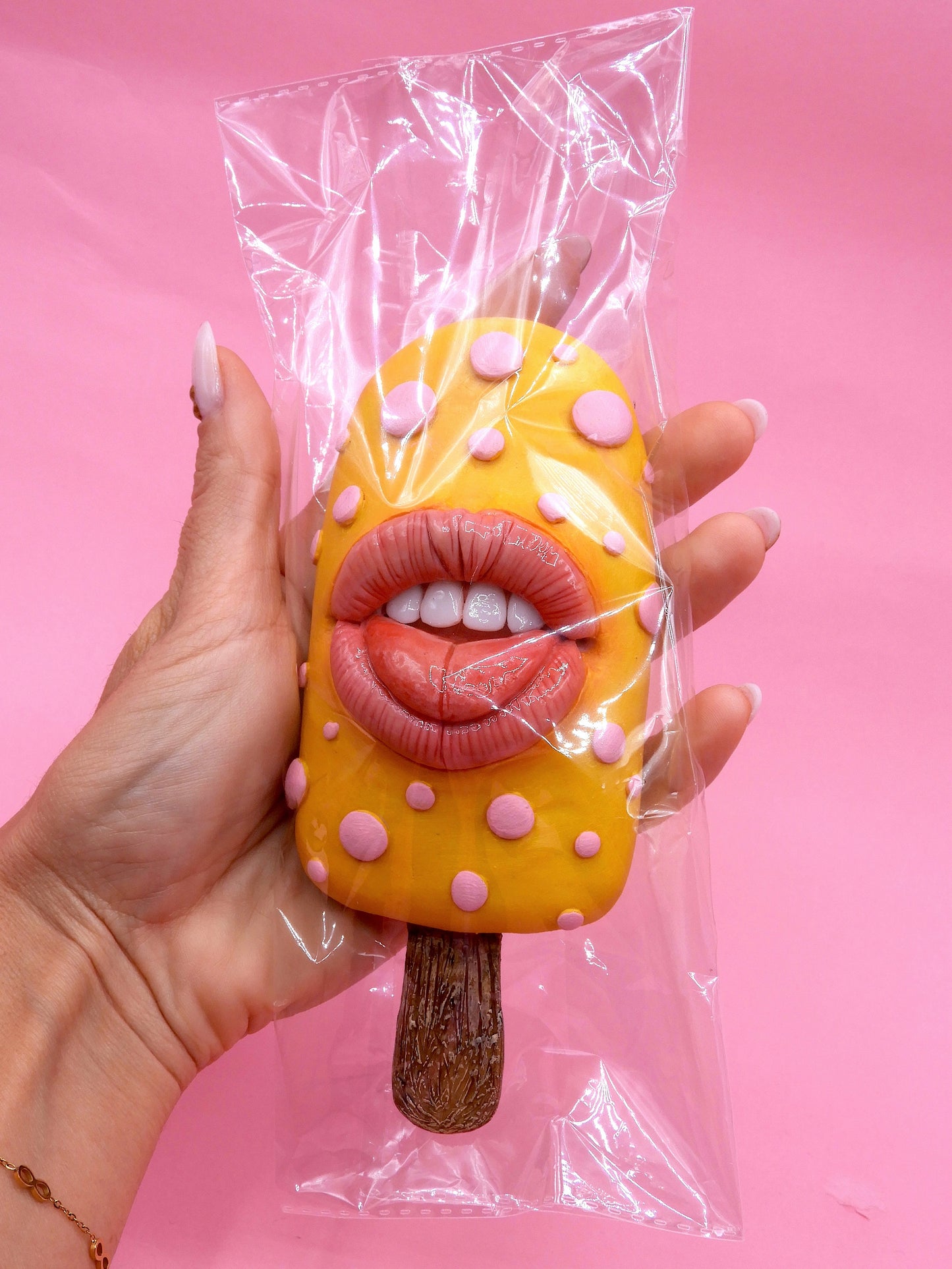 Pop Surreal Ice Cream Stick with Mouth – Weird Sweet Decor – Surrealism Sculpture – Handmade Polymer Clay Art
