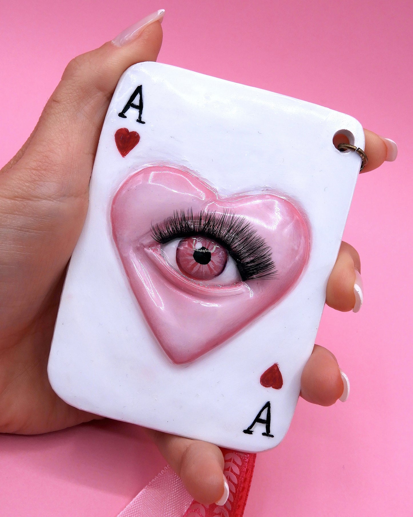 Pop Surreal Ace of Hearts with Eye – Weird Bag Charm or Keychain – Surrealism Sculpture – Handmade Polymer Clay Art