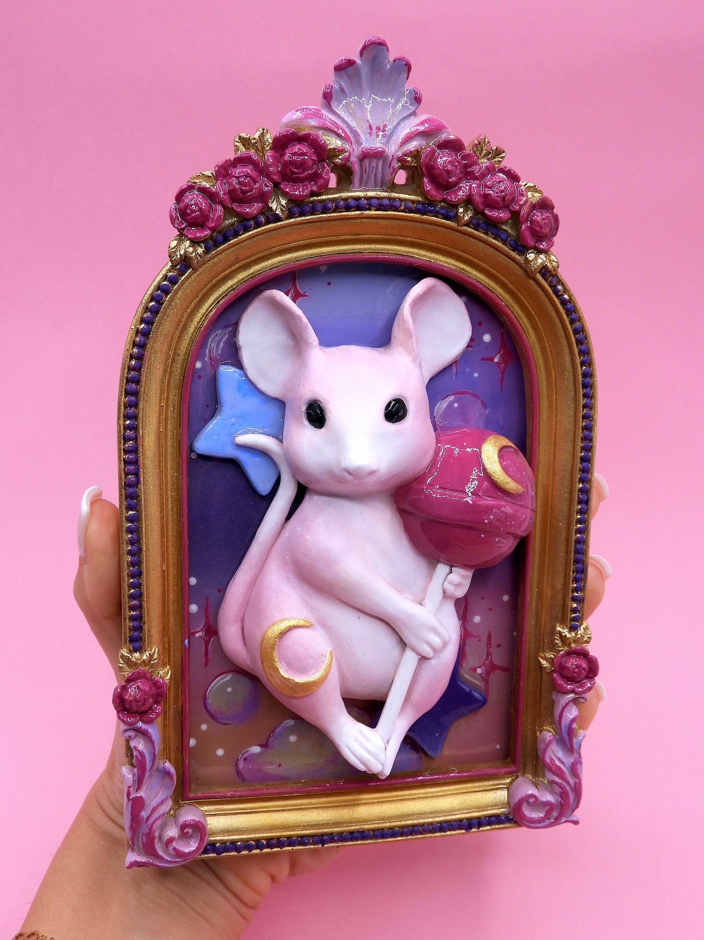 Moonlit Lollipop Mouse – A Whimsical Dreamscape Sculpture in Pop Surrealism