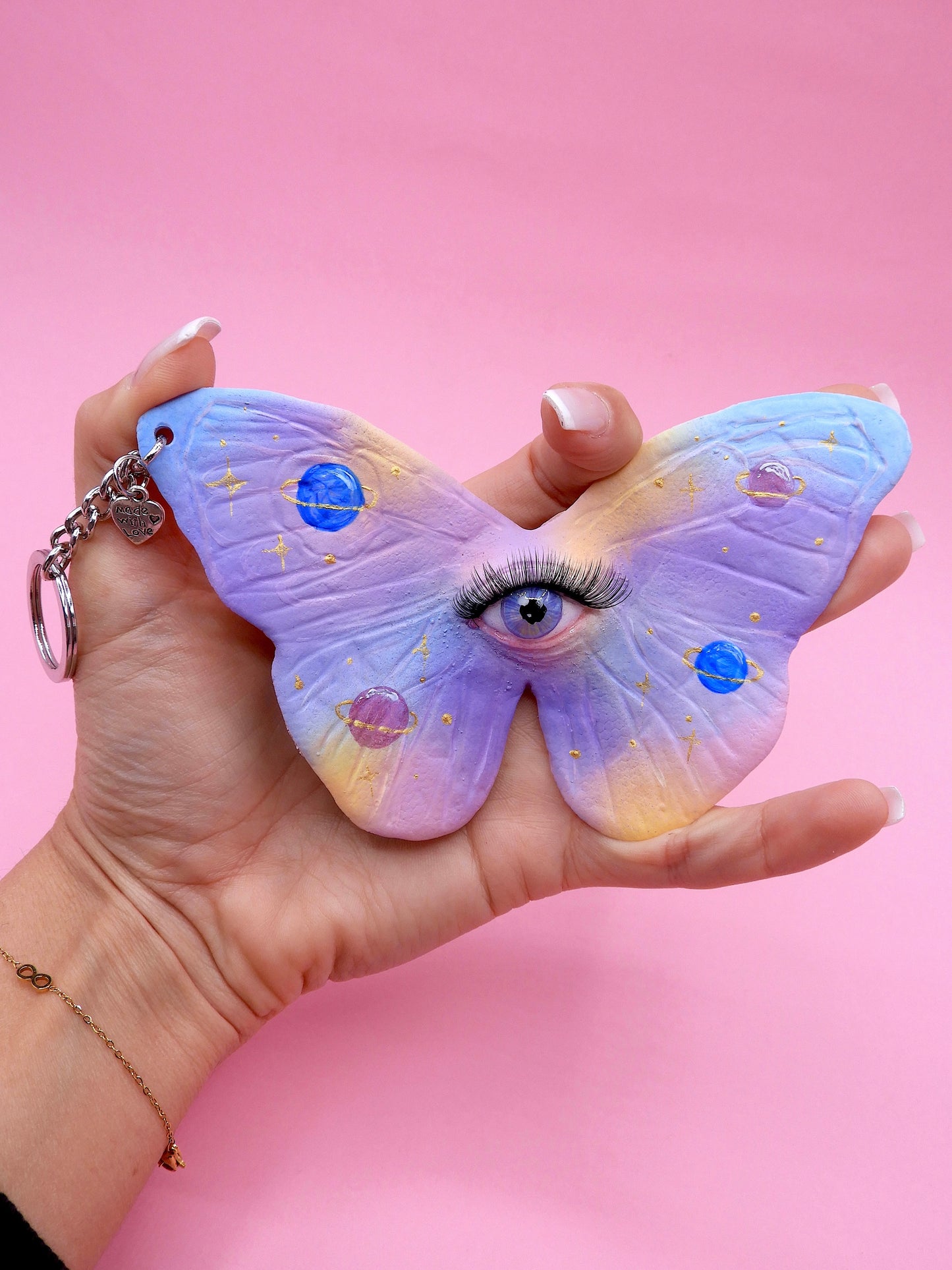 Pop Surreal Butterfly with Eye Bag Charm – Weird Fantasy Accessory – Handmade Art
