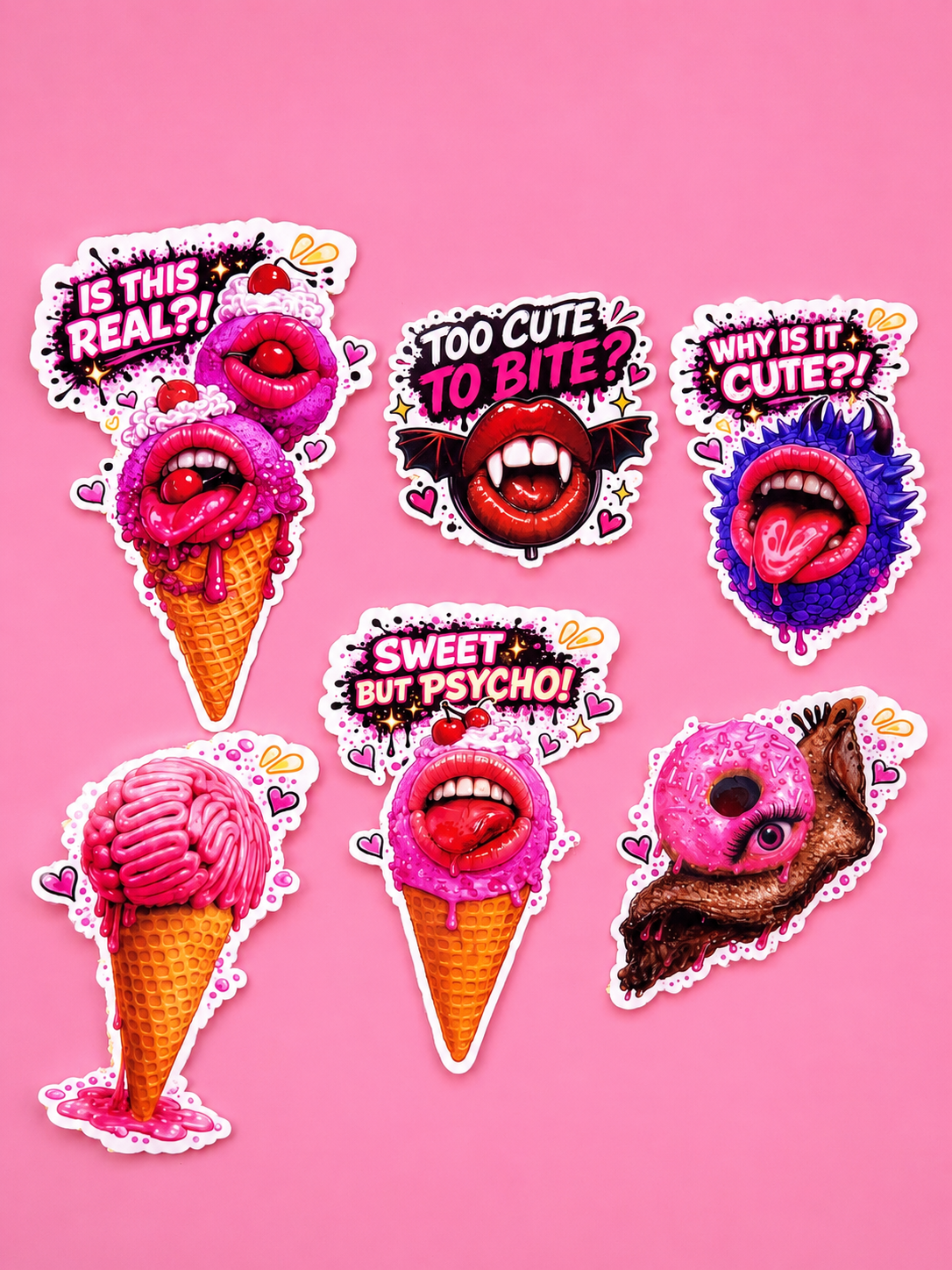 Creepy Cute Sticker Pack | 6 Surreal Dessert & Monster Stickers