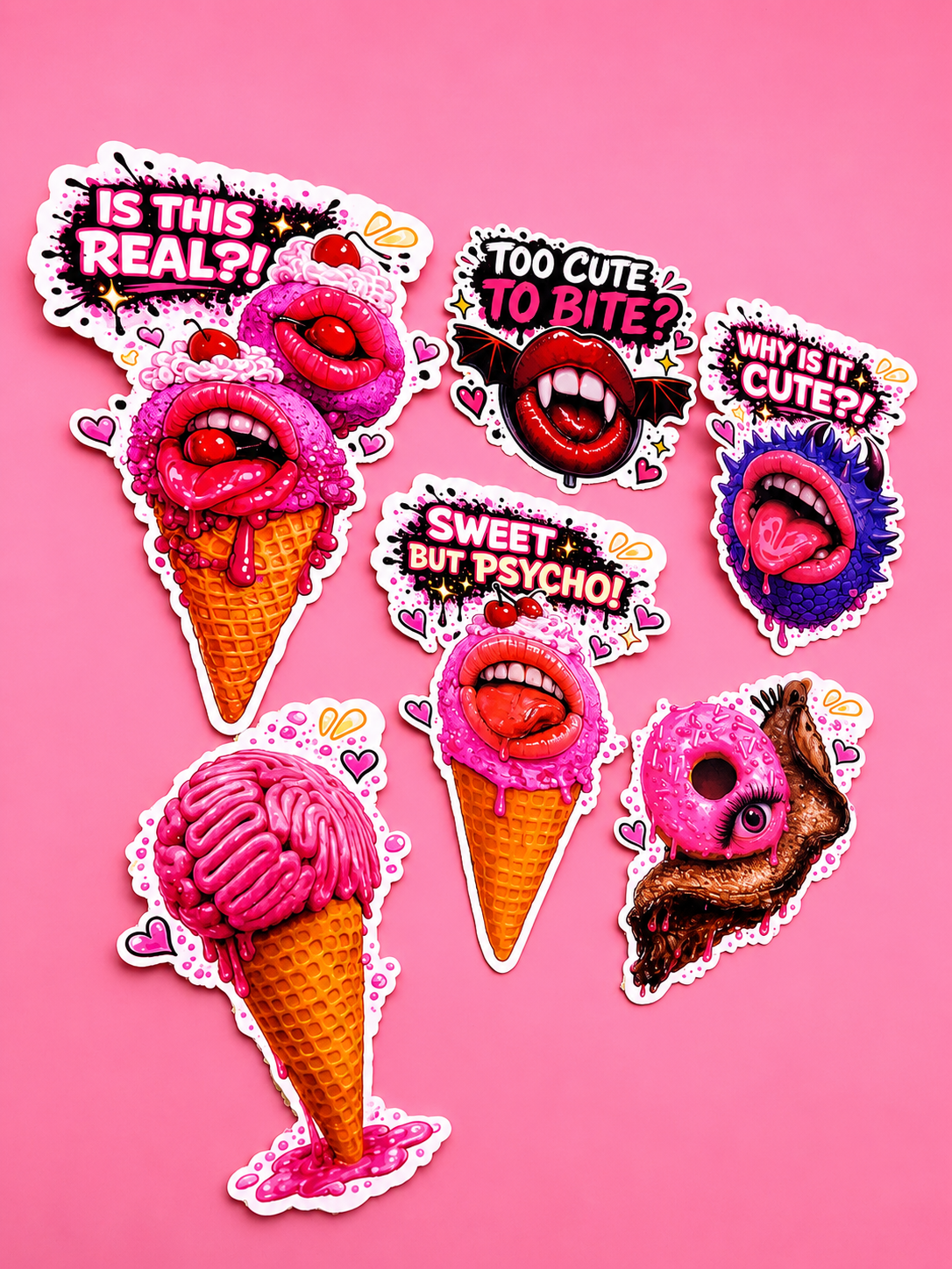 Creepy Cute Sticker Pack | 6 Surreal Dessert & Monster Stickers