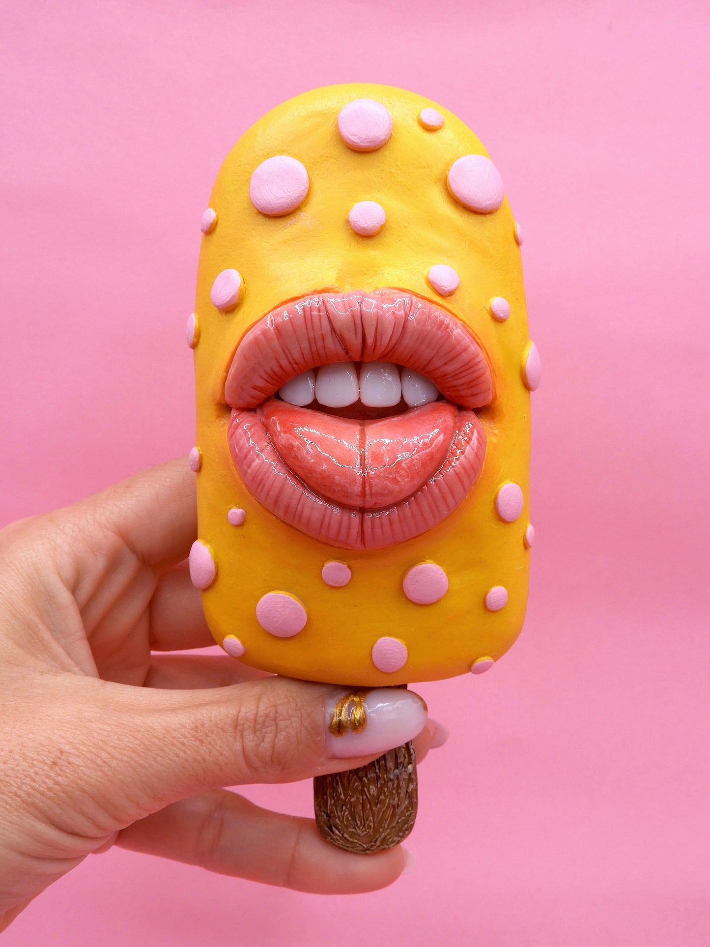 Pop Surreal Ice Cream Stick with Mouth – Weird Sweet Decor – Surrealism Sculpture – Handmade Polymer Clay Art
