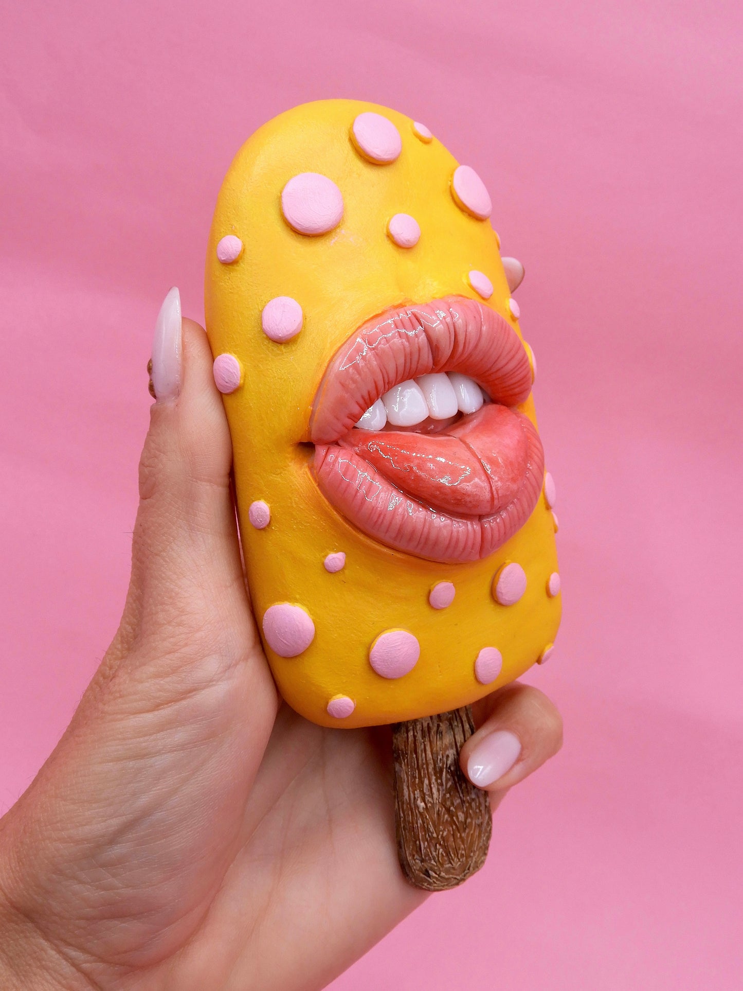 Pop Surreal Ice Cream Stick with Mouth – Weird Sweet Decor – Surrealism Sculpture – Handmade Polymer Clay Art
