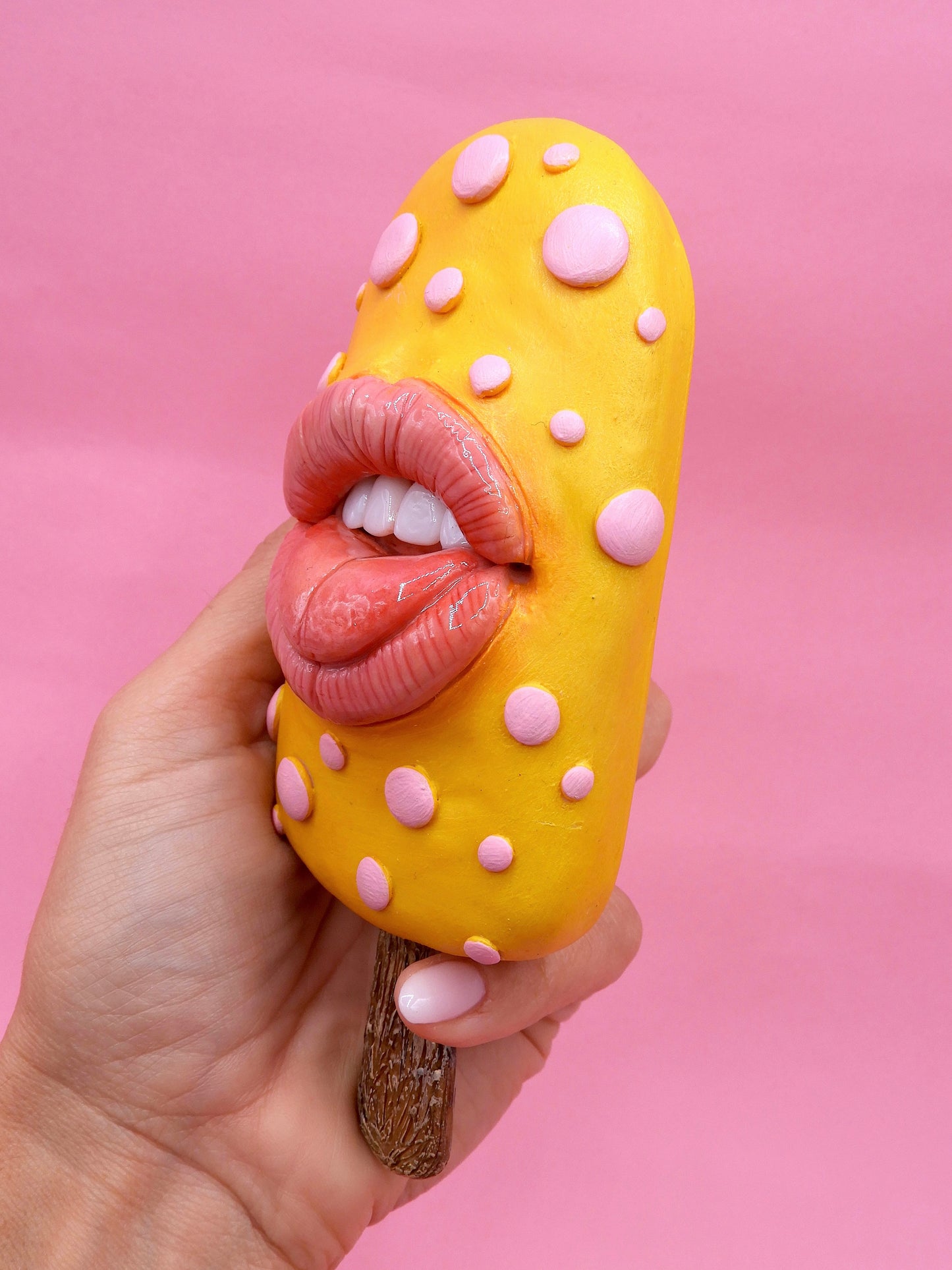 Pop Surreal Ice Cream Stick with Mouth – Weird Sweet Decor – Surrealism Sculpture – Handmade Polymer Clay Art