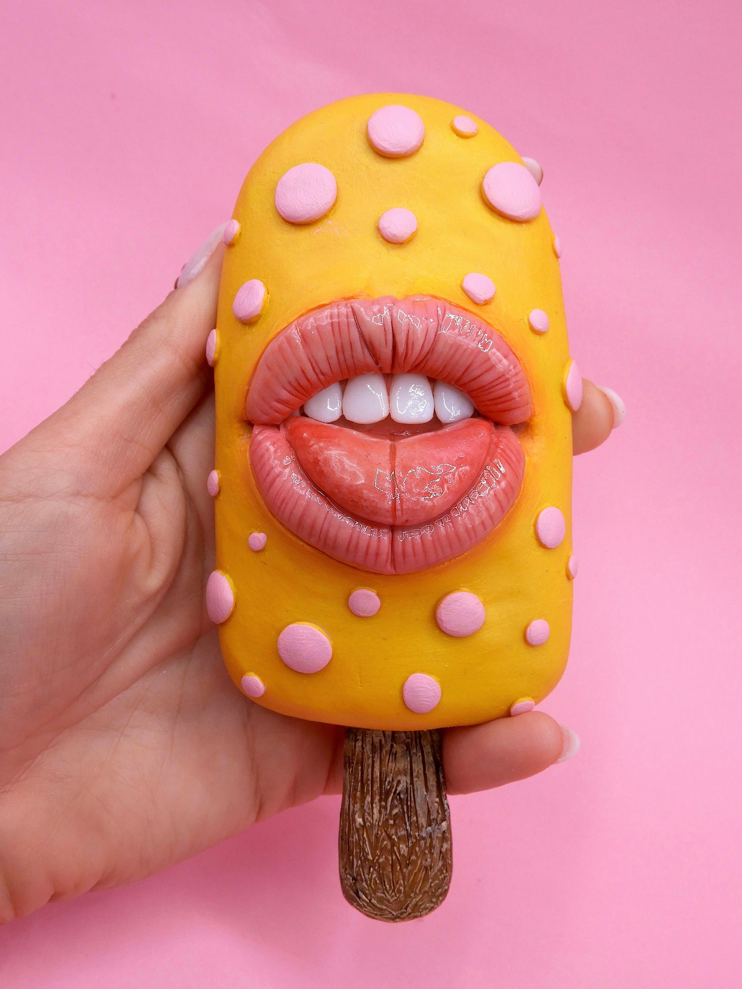 Pop Surreal Ice Cream Stick with Mouth – Weird Sweet Decor – Surrealism Sculpture – Handmade Polymer Clay Art