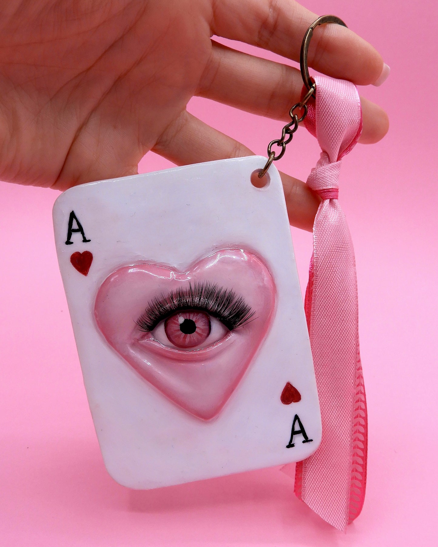 Pop Surreal Ace of Hearts with Eye – Weird Bag Charm or Keychain – Surrealism Sculpture – Handmade Polymer Clay Art