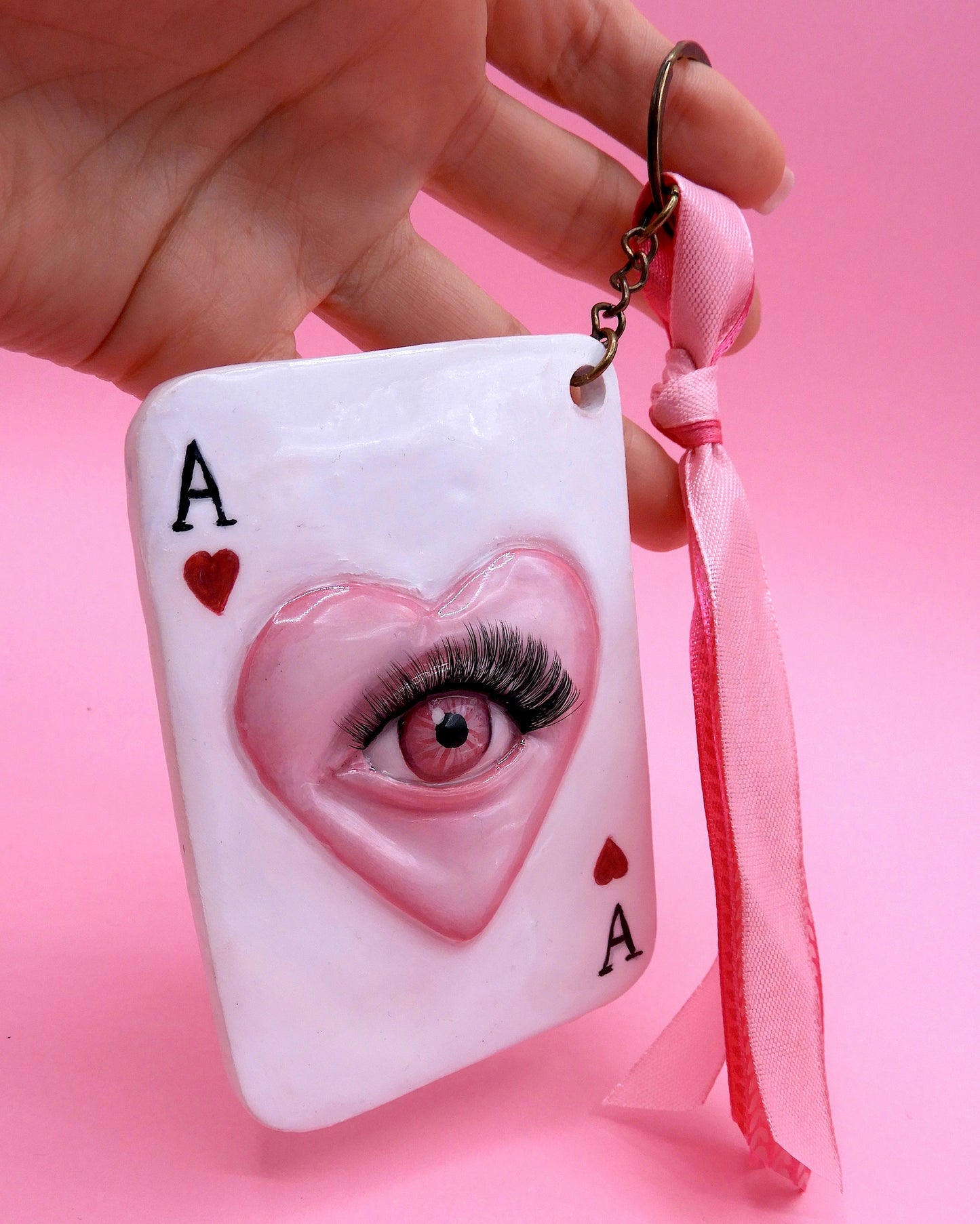 Pop Surreal Ace of Hearts with Eye – Weird Bag Charm or Keychain – Surrealism Sculpture – Handmade Polymer Clay Art