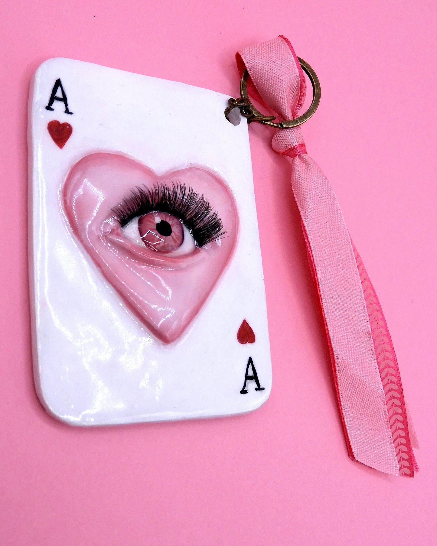 Pop Surreal Ace of Hearts with Eye – Weird Bag Charm or Keychain – Surrealism Sculpture – Handmade Polymer Clay Art