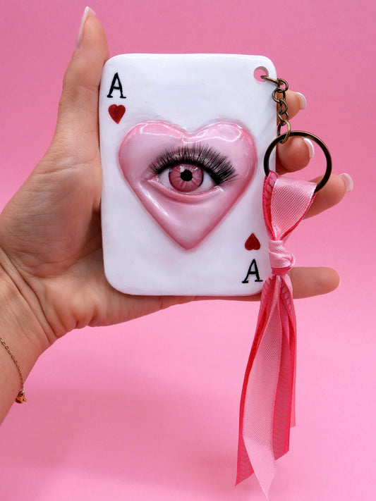 Pop Surreal Ace of Hearts with Eye – Weird Bag Charm or Keychain – Surrealism Sculpture – Handmade Polymer Clay Art