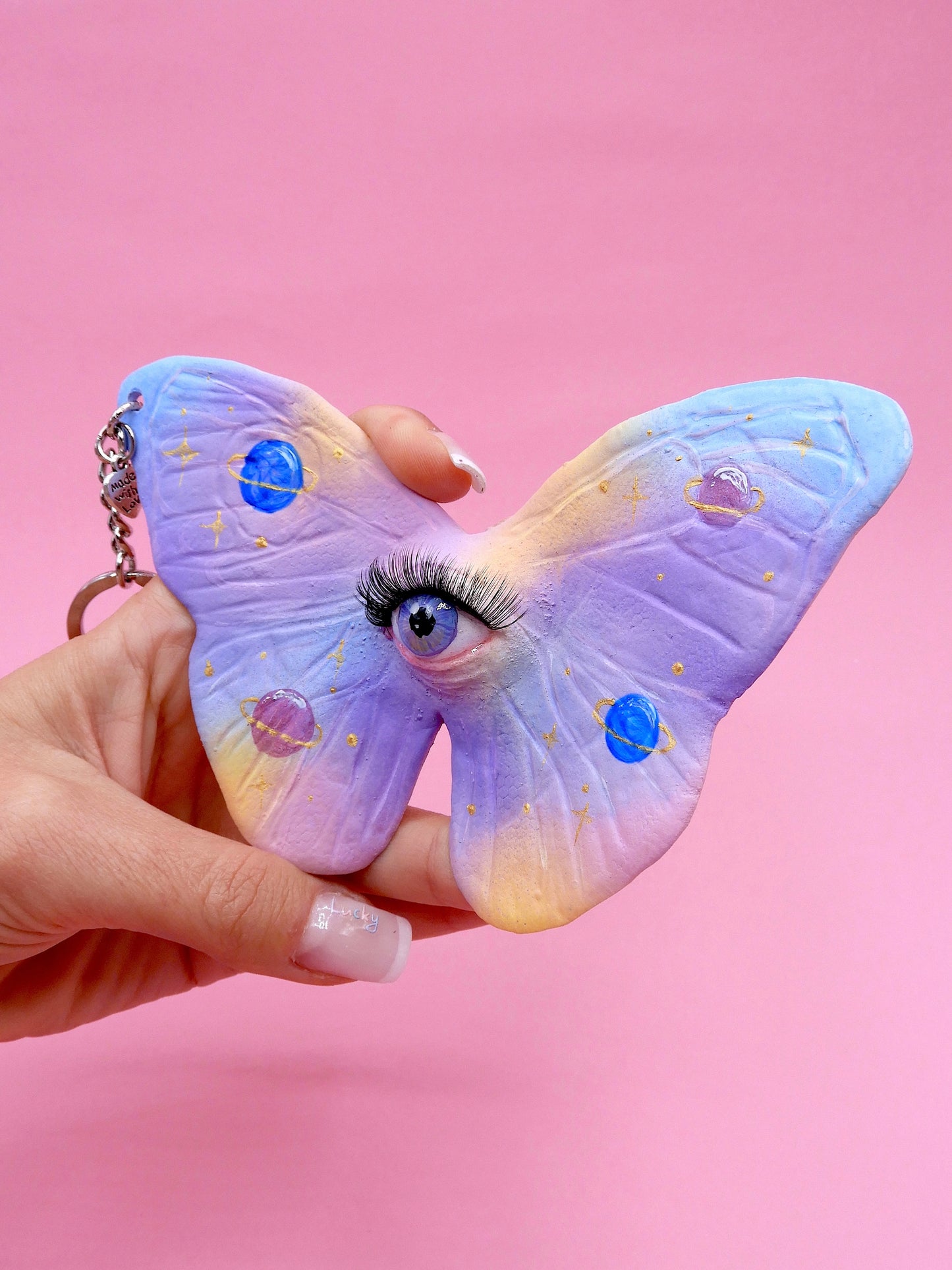Pop Surreal Butterfly with Eye Bag Charm – Weird Fantasy Accessory – Handmade Art