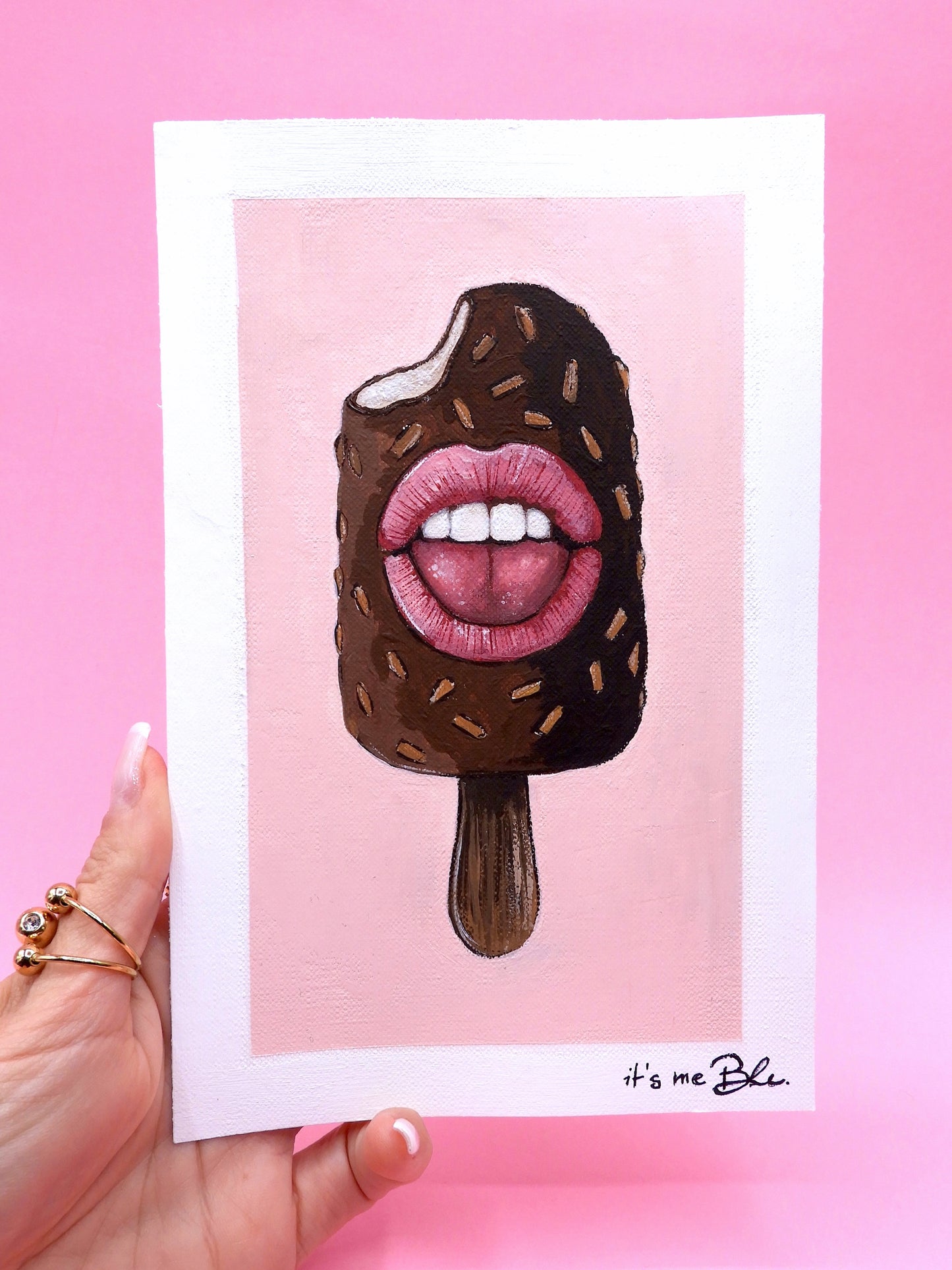 Pop Surreal Ice Cream Stick Painting – Acrylic Art on Canvas Paper – Magnum with Mouth – Whimsical Mini Artwork