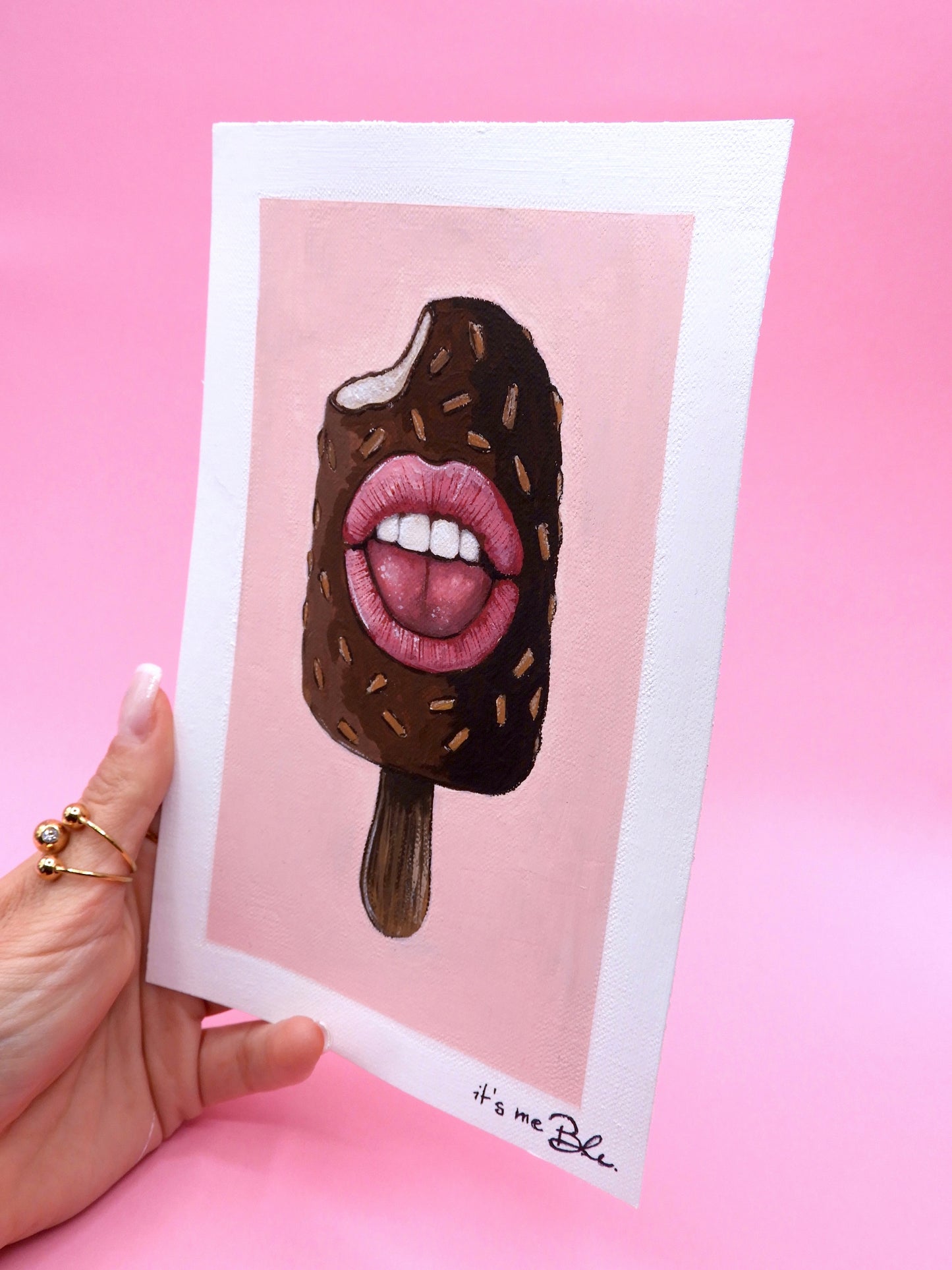 Pop Surreal Ice Cream Stick Painting – Acrylic Art on Canvas Paper – Magnum with Mouth – Whimsical Mini Artwork