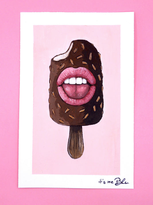 Pop Surreal Ice Cream Stick Painting – Acrylic Art on Canvas Paper – Magnum with Mouth – Whimsical Mini Artwork