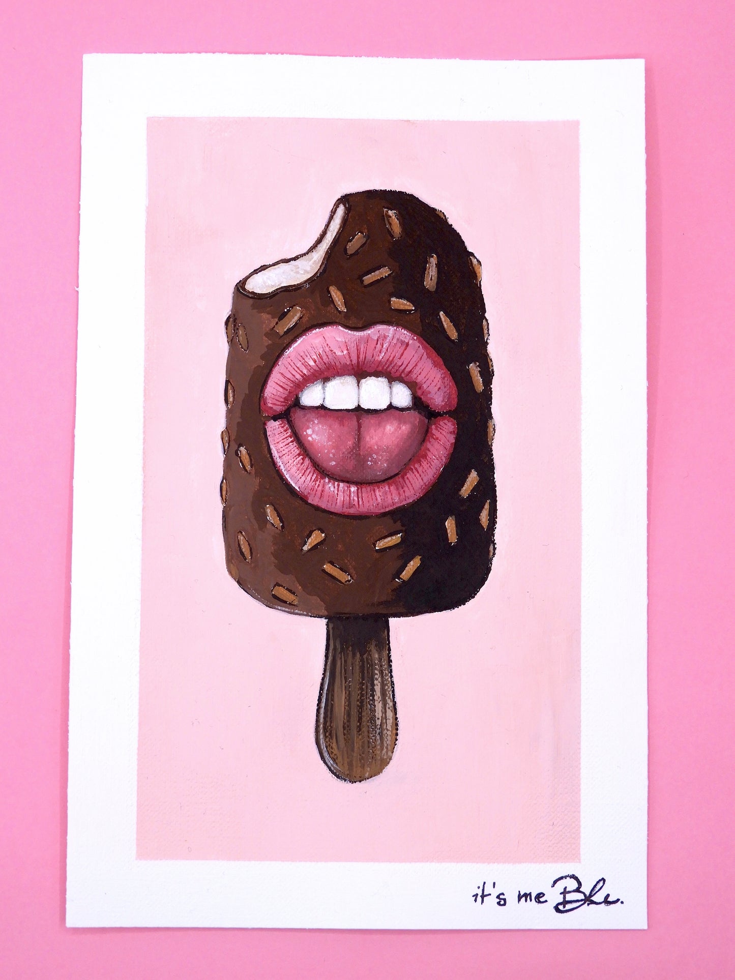 Pop Surreal Ice Cream Stick Painting – Acrylic Art on Canvas Paper – Magnum with Mouth – Whimsical Mini Artwork
