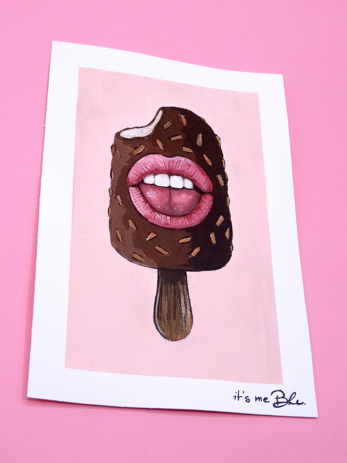 Pop Surreal Ice Cream Stick Painting – Acrylic Art on Canvas Paper – Magnum with Mouth – Whimsical Mini Artwork