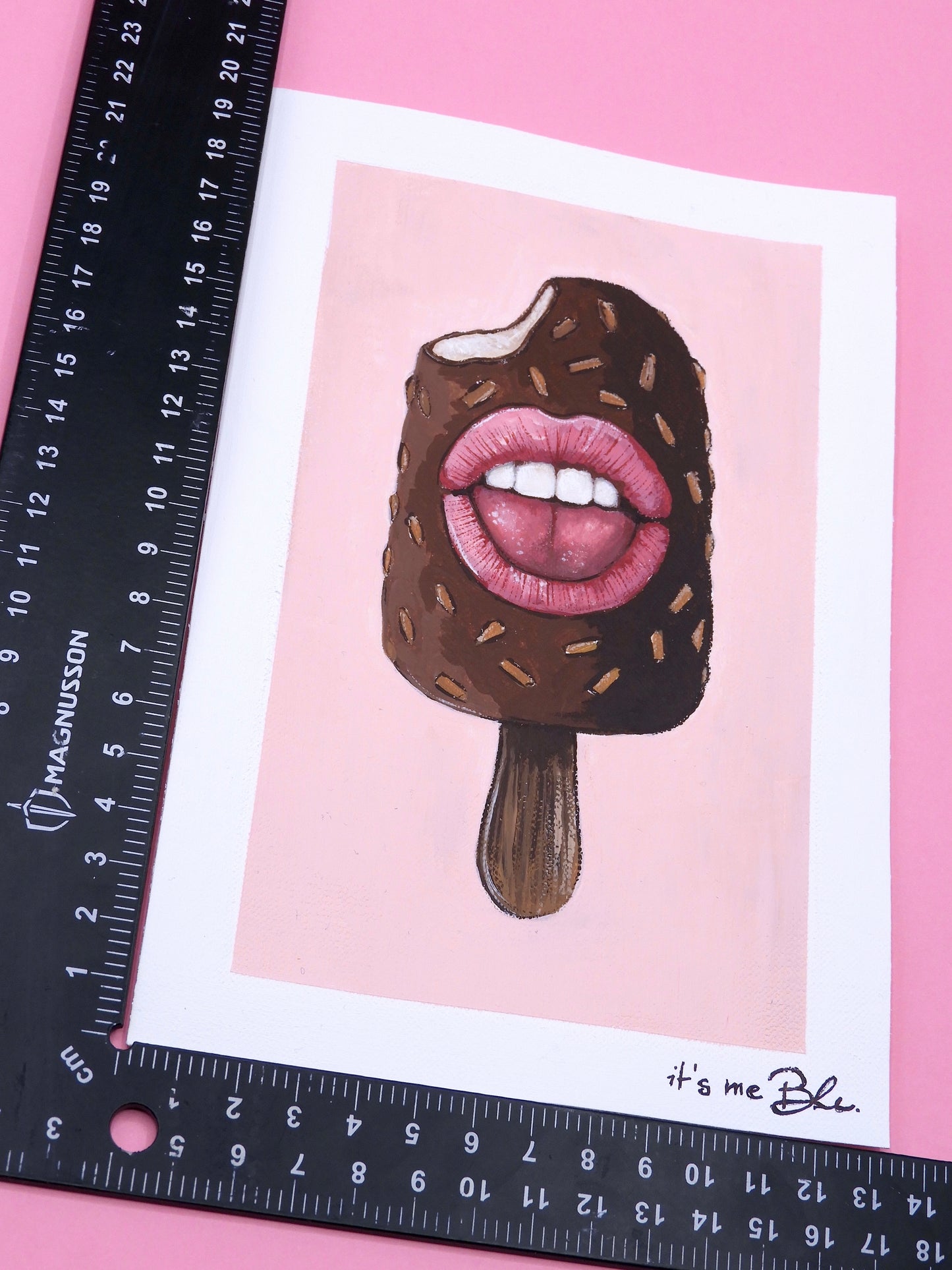 Pop Surreal Ice Cream Stick Painting – Acrylic Art on Canvas Paper – Magnum with Mouth – Whimsical Mini Artwork
