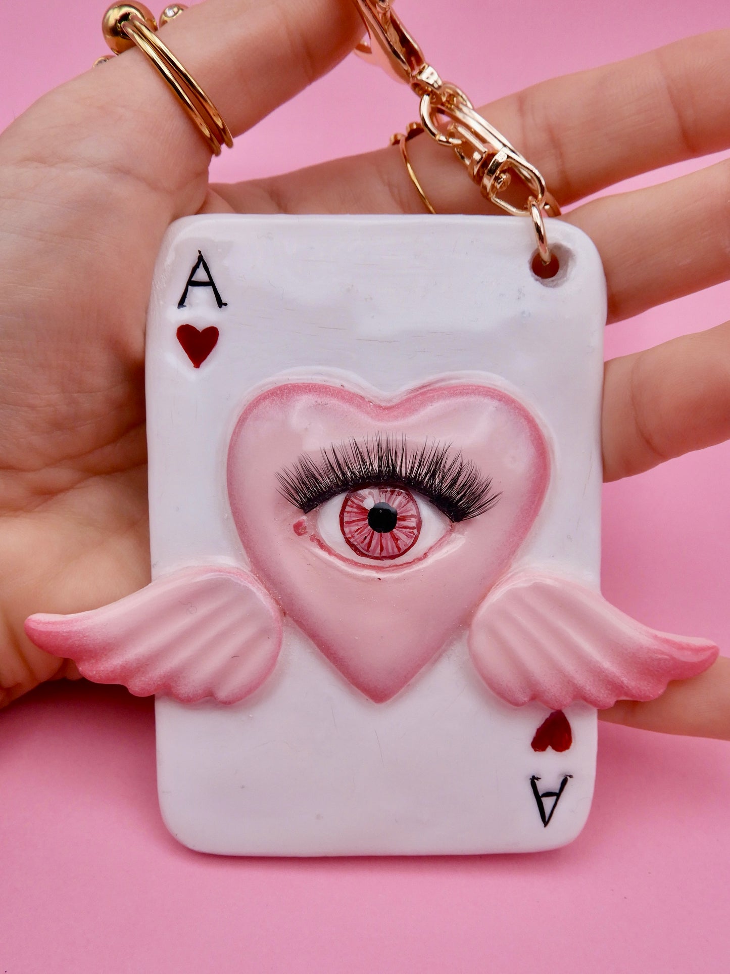 Pop Surreal Ace of Hearts with Eye – Weird Bag Charm or Keychain – Surrealism Sculpture – Handmade Resin Art
