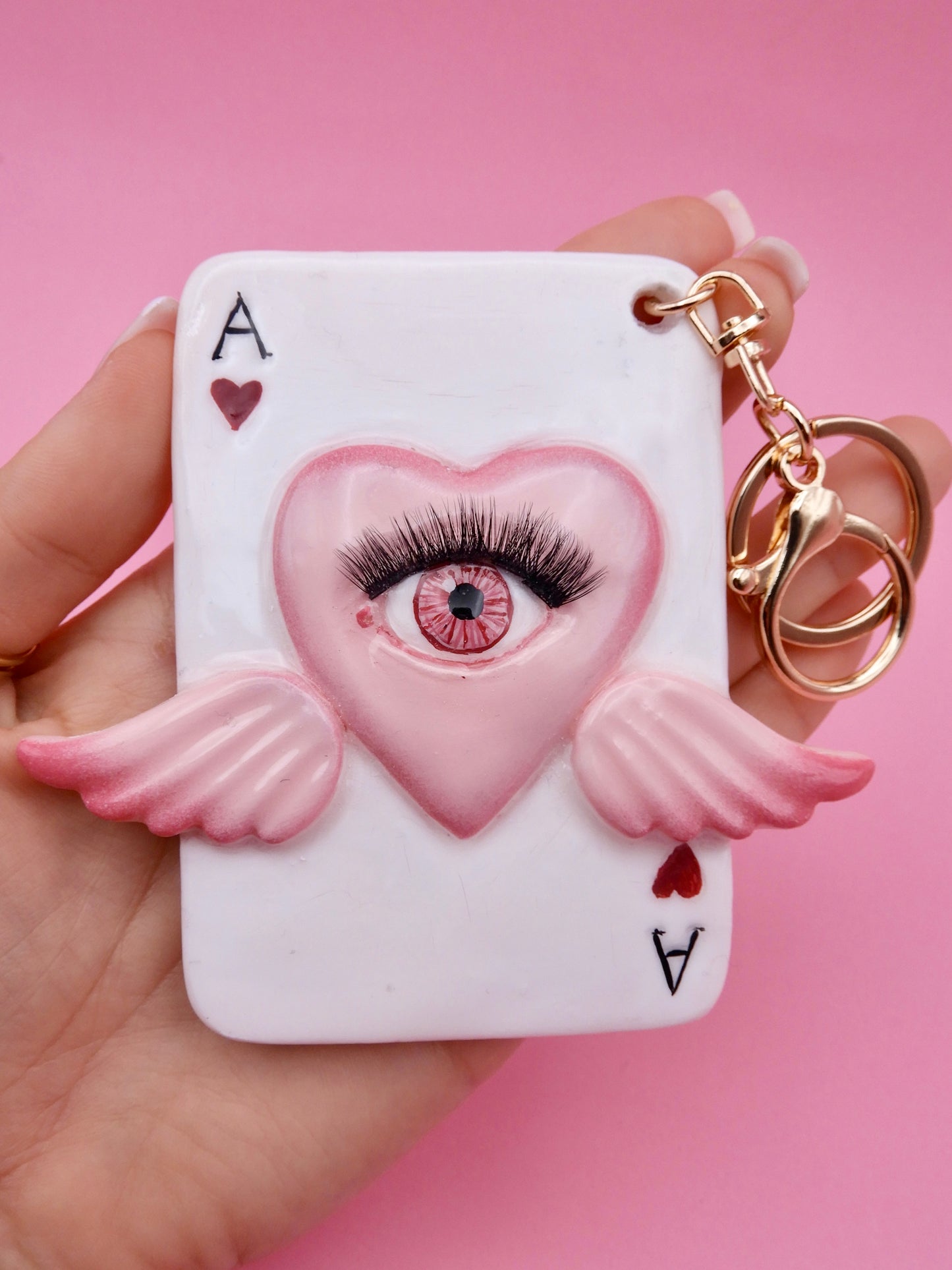 Pop Surreal Ace of Hearts with Eye – Weird Bag Charm or Keychain – Surrealism Sculpture – Handmade Resin Art