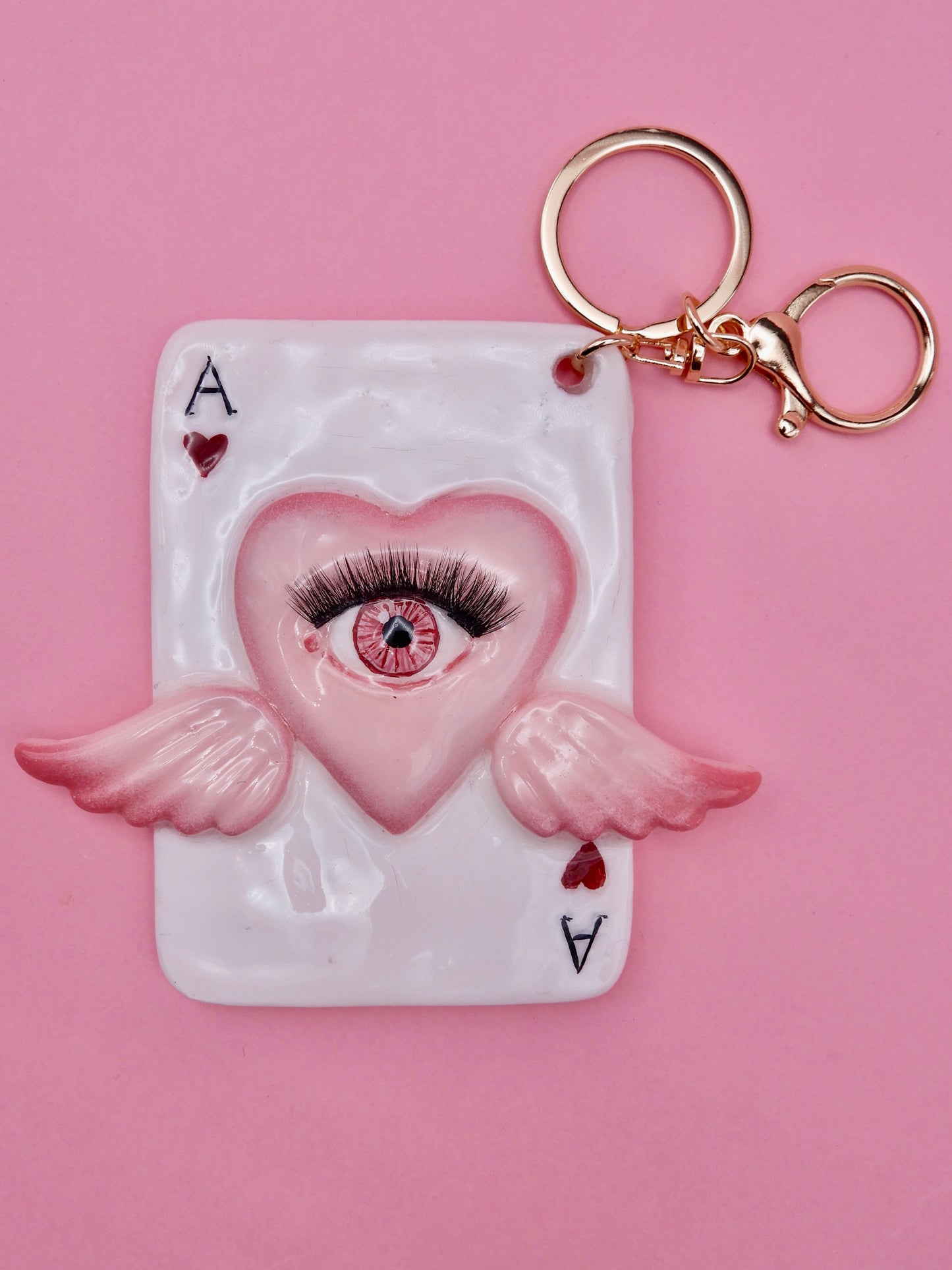 Pop Surreal Ace of Hearts with Eye – Weird Bag Charm or Keychain – Surrealism Sculpture – Handmade Resin Art