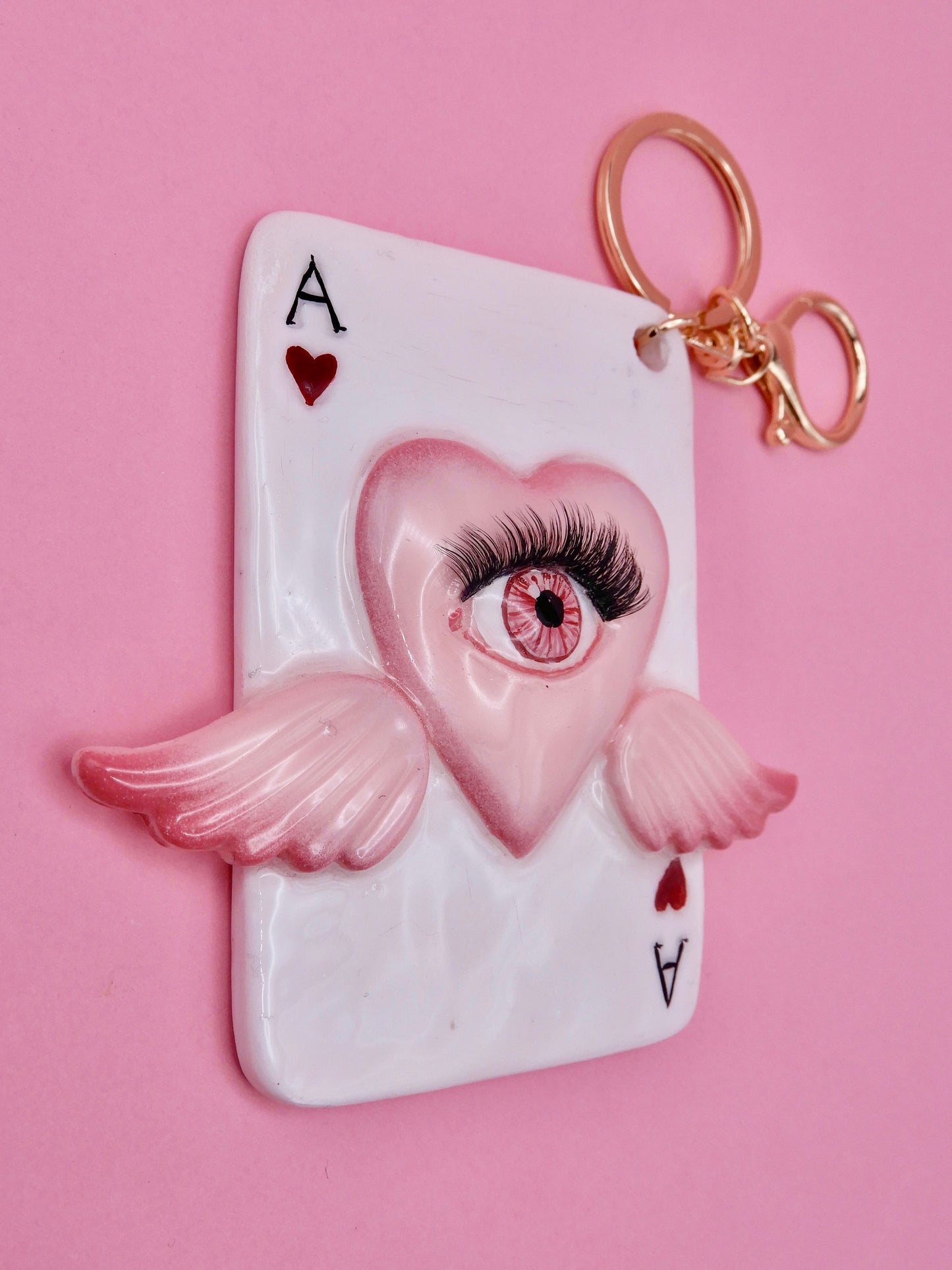 Pop Surreal Ace of Hearts with Eye – Weird Bag Charm or Keychain – Surrealism Sculpture – Handmade Resin Art