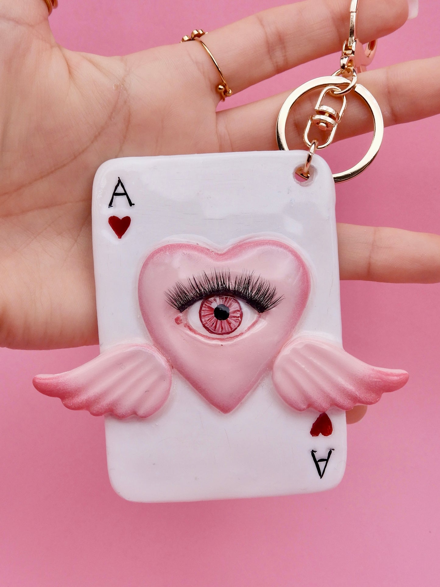 Pop Surreal Ace of Hearts with Eye – Weird Bag Charm or Keychain – Surrealism Sculpture – Handmade Resin Art