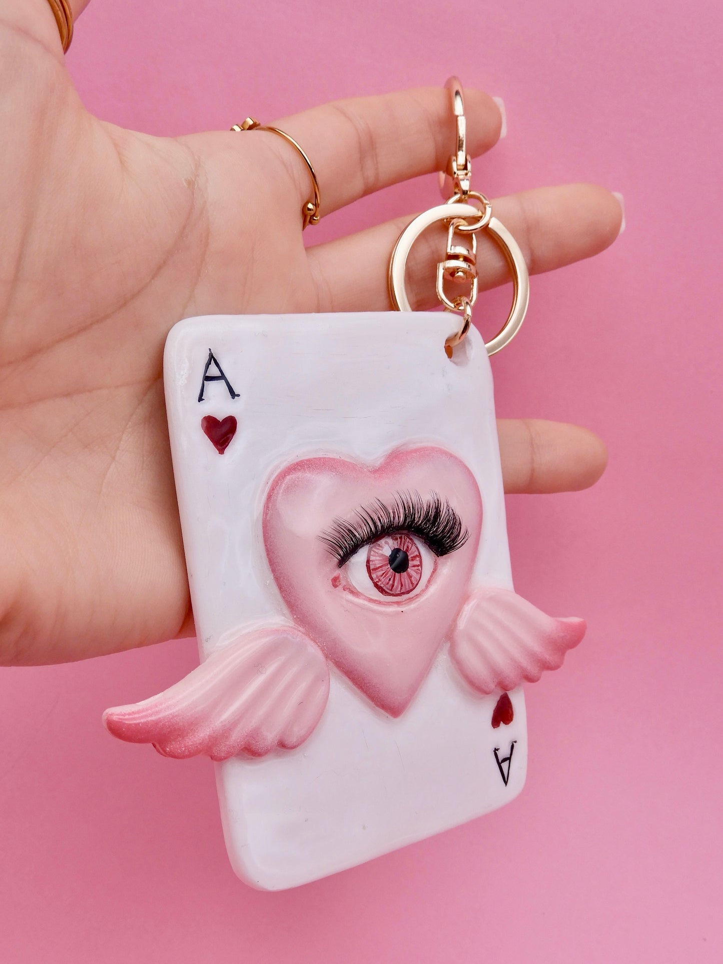 Pop Surreal Ace of Hearts with Eye – Weird Bag Charm or Keychain – Surrealism Sculpture – Handmade Resin Art