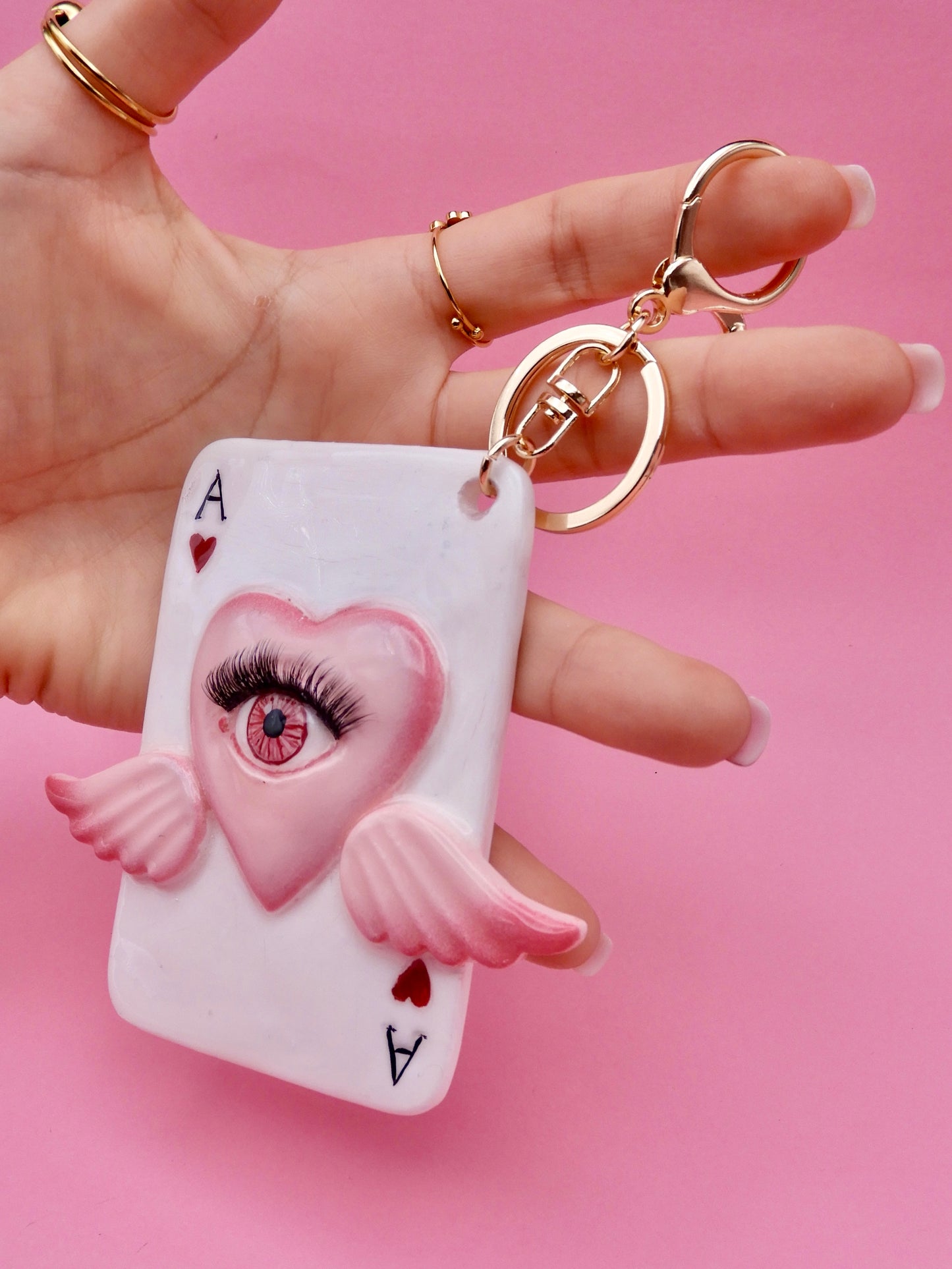Pop Surreal Ace of Hearts with Eye – Weird Bag Charm or Keychain – Surrealism Sculpture – Handmade Resin Art