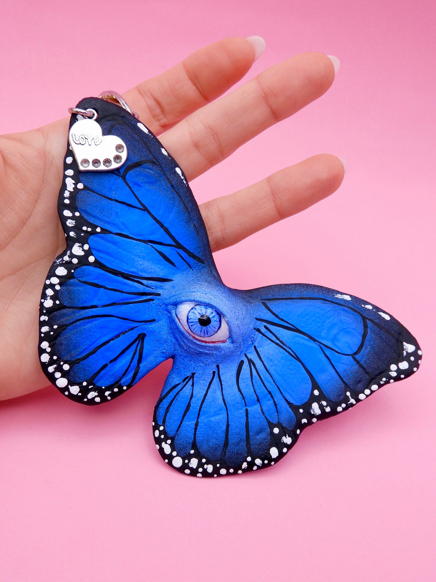 Pop Surreal Butterfly with Eye Bag Charm – Weird Fantasy Accessory – Handmade Art