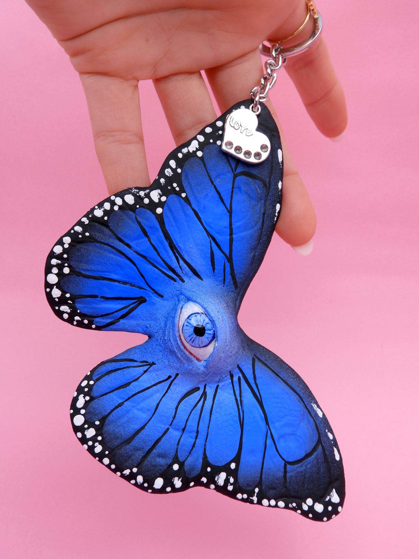 Pop Surreal Butterfly with Eye Bag Charm – Weird Fantasy Accessory – Handmade Art