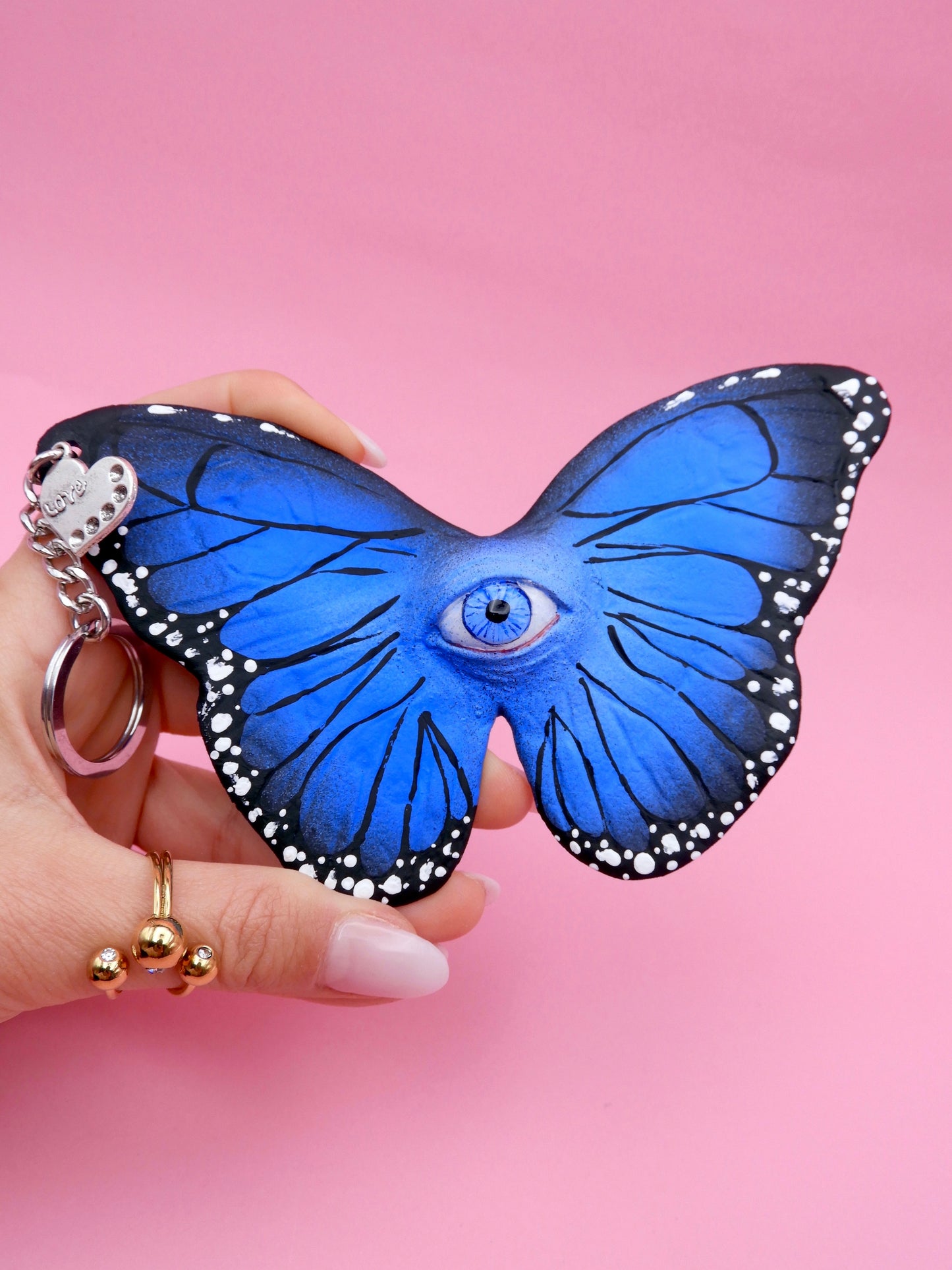 Pop Surreal Butterfly with Eye Bag Charm – Weird Fantasy Accessory – Handmade Art