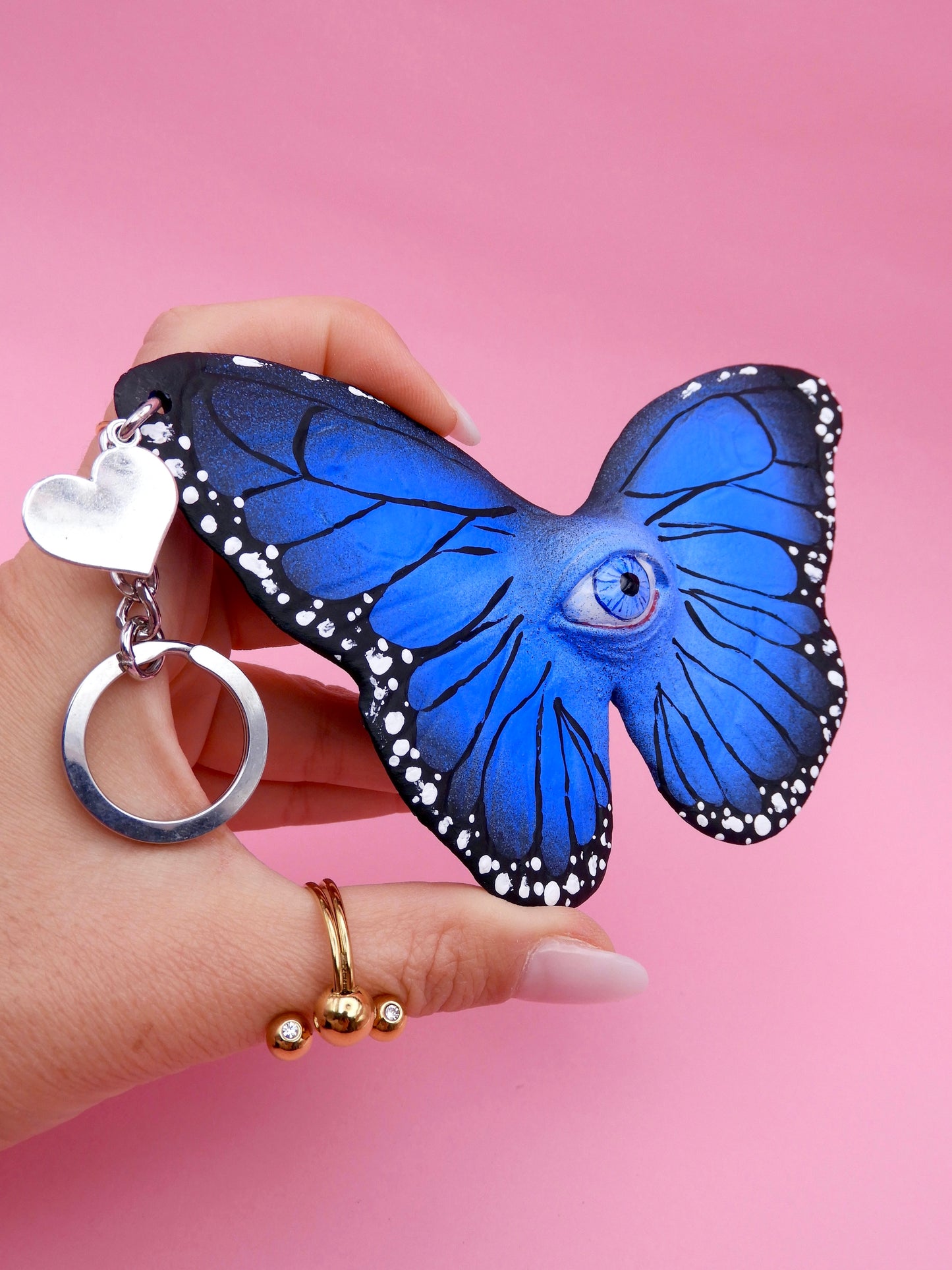 Pop Surreal Butterfly with Eye Bag Charm – Weird Fantasy Accessory – Handmade Art