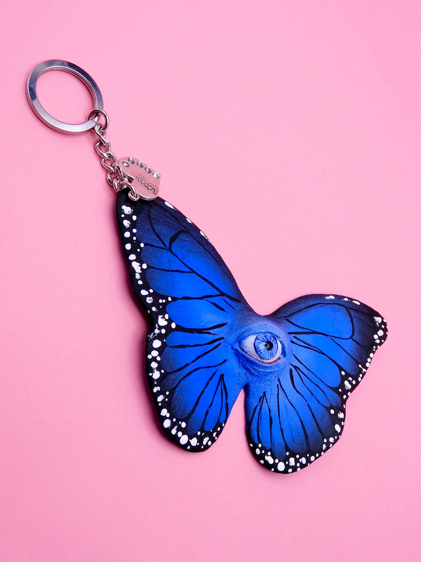 Pop Surreal Butterfly with Eye Bag Charm – Weird Fantasy Accessory – Handmade Art