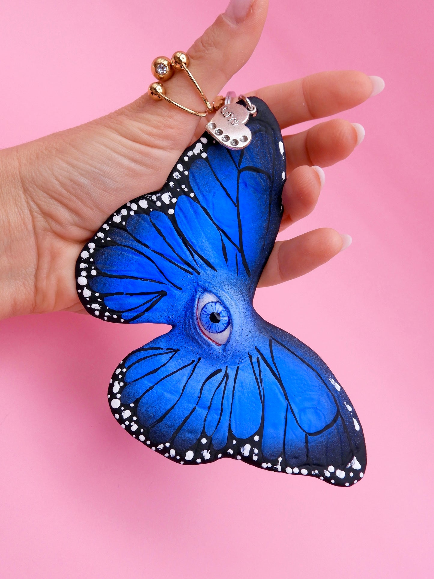 Pop Surreal Butterfly with Eye Bag Charm – Weird Fantasy Accessory – Handmade Art