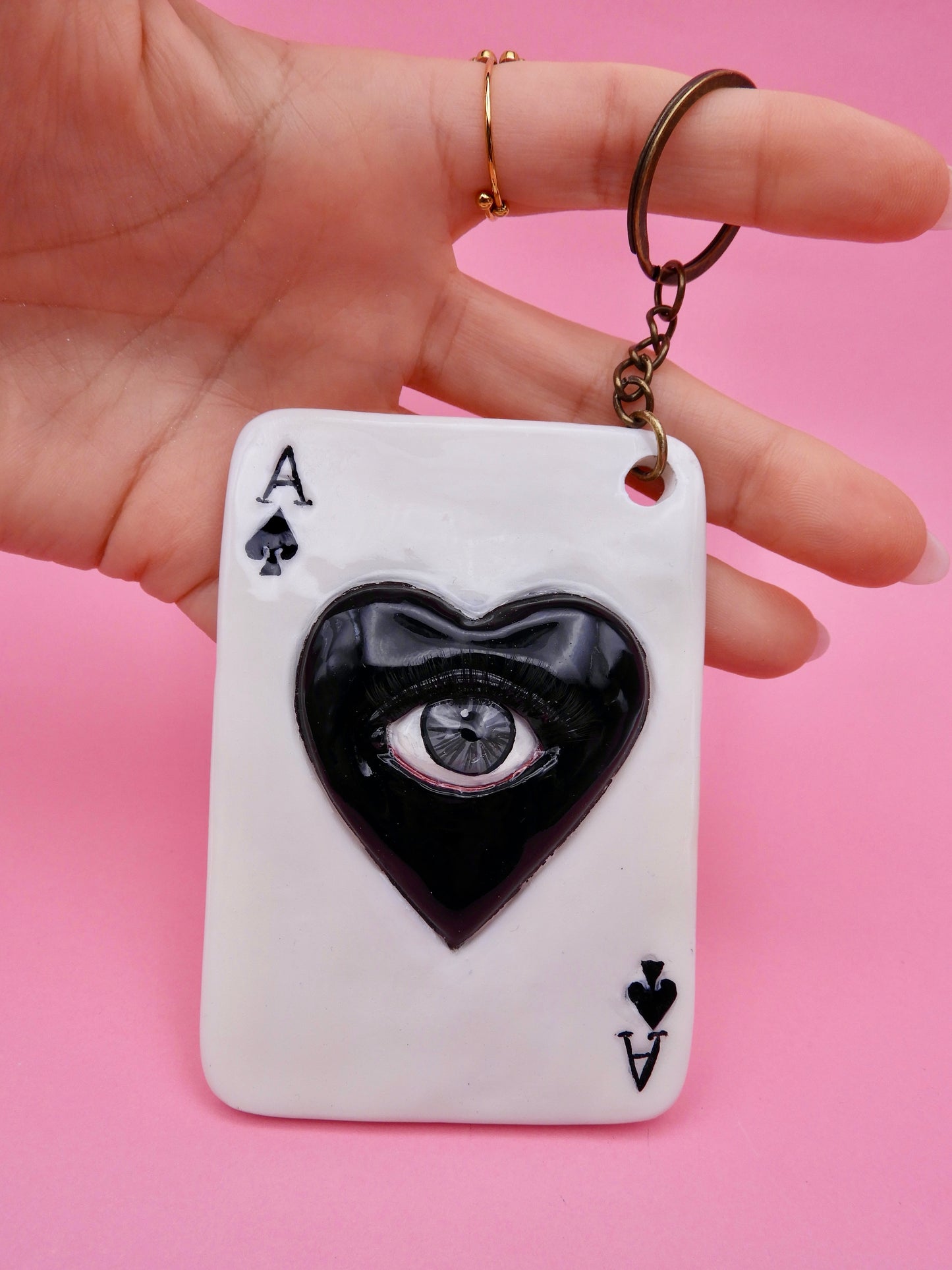 Pop Surreal Ace of Spades with Eye – Weird Bag Charm or Keychain – Surrealism Sculpture – Handmade Resin Art