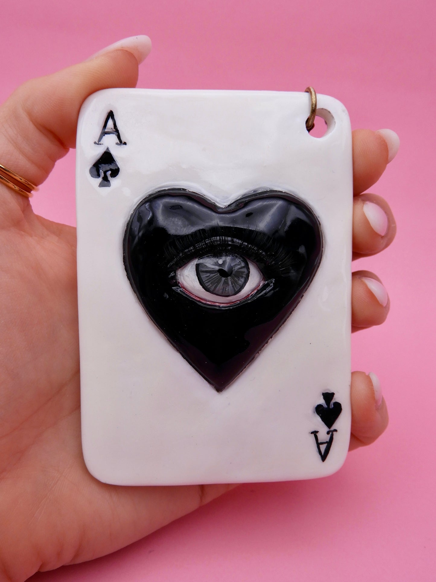 Pop Surreal Ace of Spades with Eye – Weird Bag Charm or Keychain – Surrealism Sculpture – Handmade Resin Art