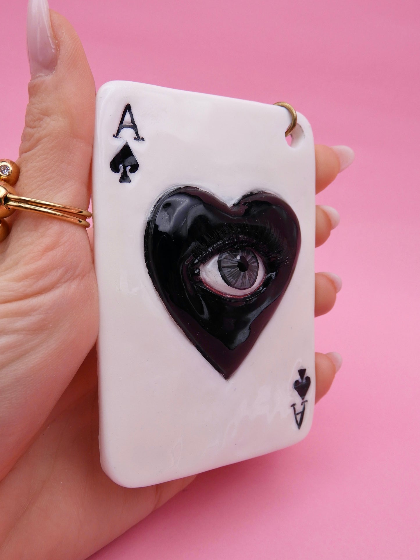 Pop Surreal Ace of Spades with Eye – Weird Bag Charm or Keychain – Surrealism Sculpture – Handmade Resin Art