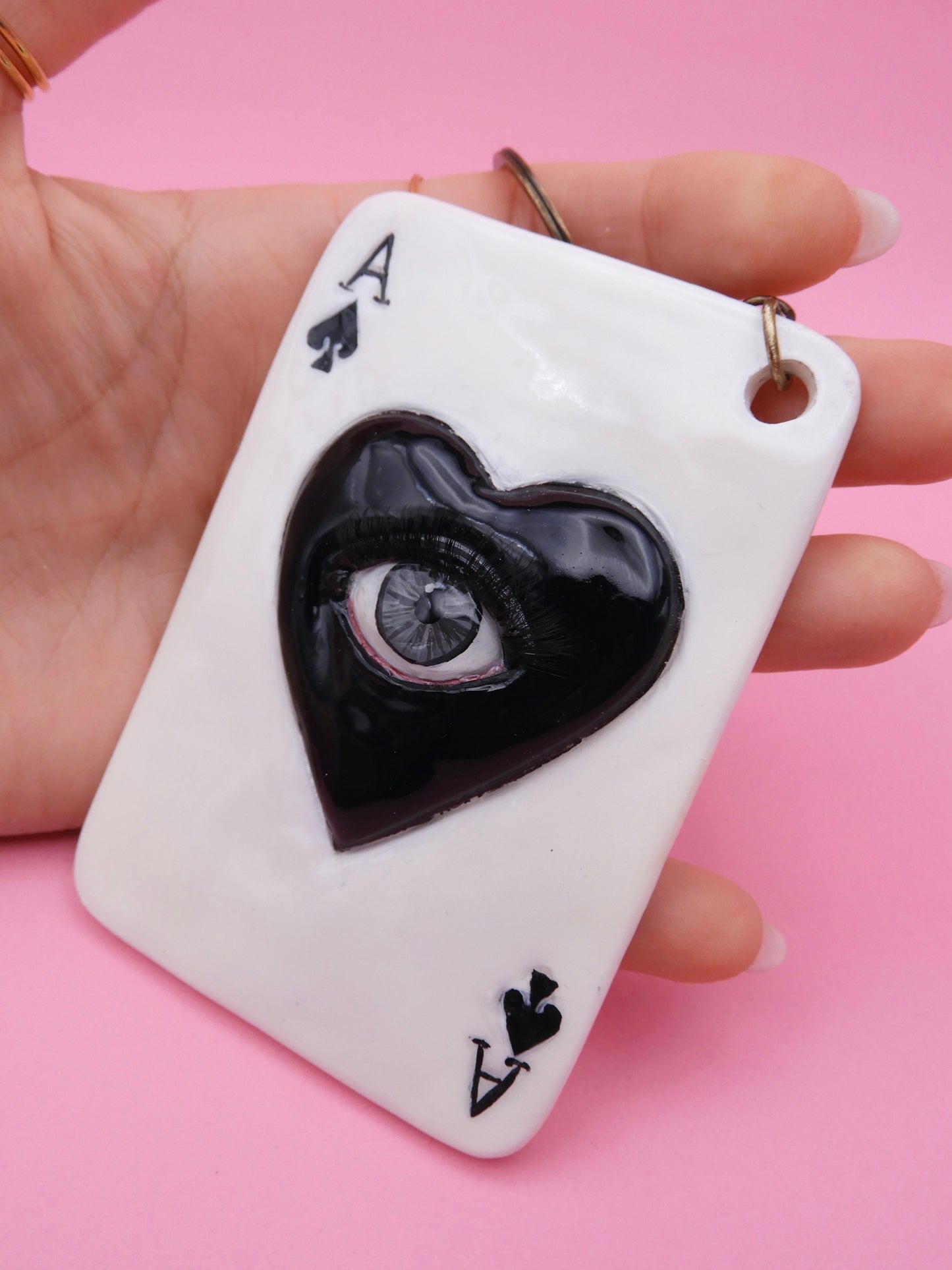 Pop Surreal Ace of Spades with Eye – Weird Bag Charm or Keychain – Surrealism Sculpture – Handmade Resin Art