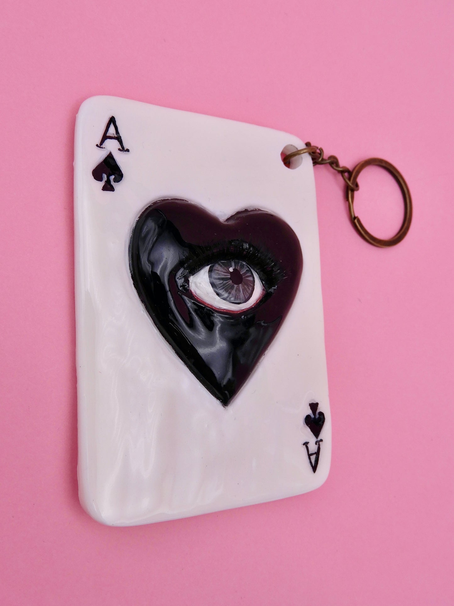 Pop Surreal Ace of Spades with Eye – Weird Bag Charm or Keychain – Surrealism Sculpture – Handmade Resin Art