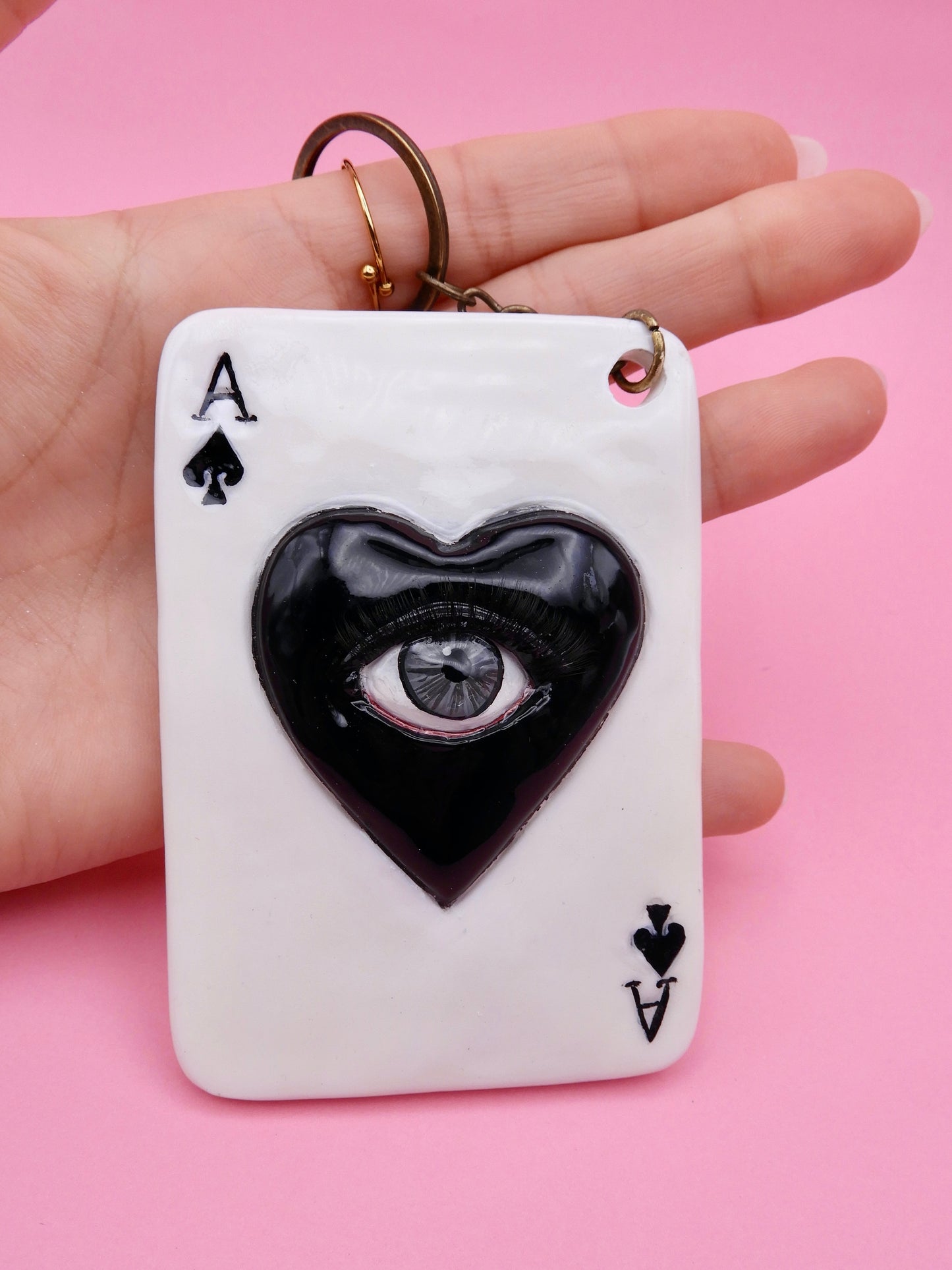 Pop Surreal Ace of Spades with Eye – Weird Bag Charm or Keychain – Surrealism Sculpture – Handmade Resin Art