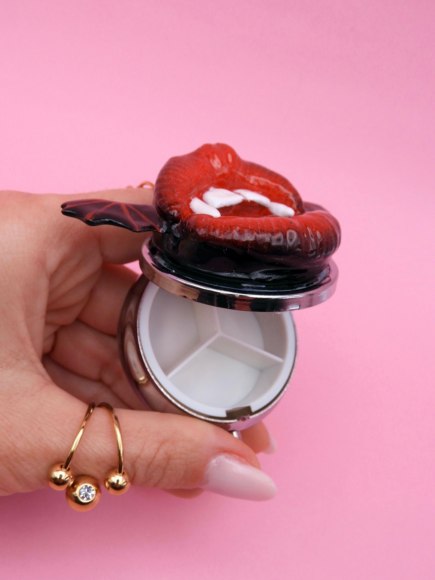 Pop Surreal Vampire Pill Box with Bat Wings – Weird Gothic – Surrealism Sculpture – Handmade Polymer Clay Art