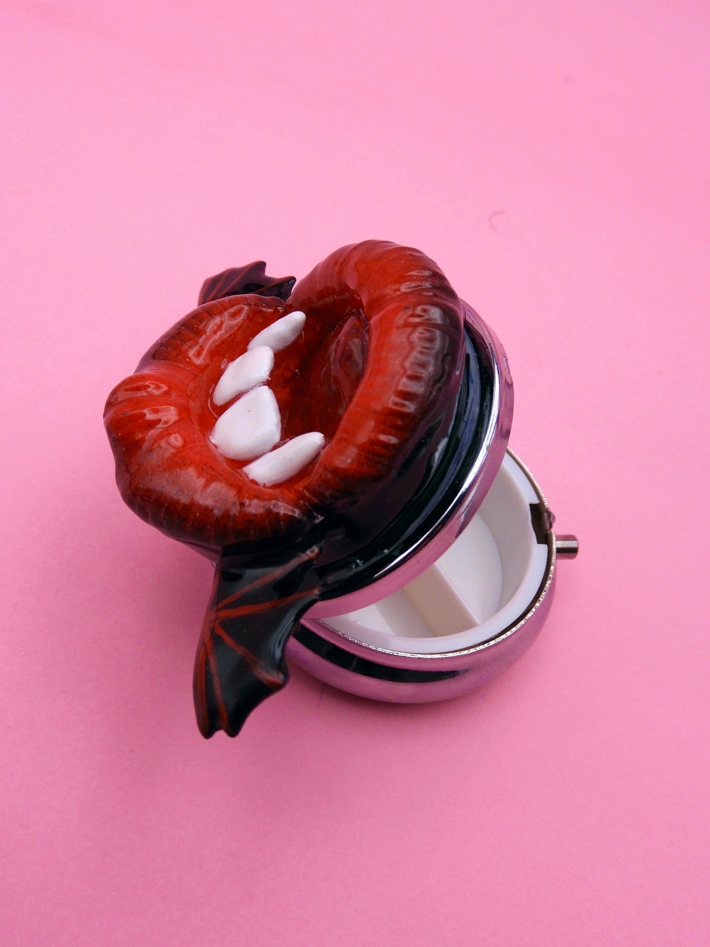 Pop Surreal Vampire Pill Box with Bat Wings – Weird Gothic – Surrealism Sculpture – Handmade Polymer Clay Art