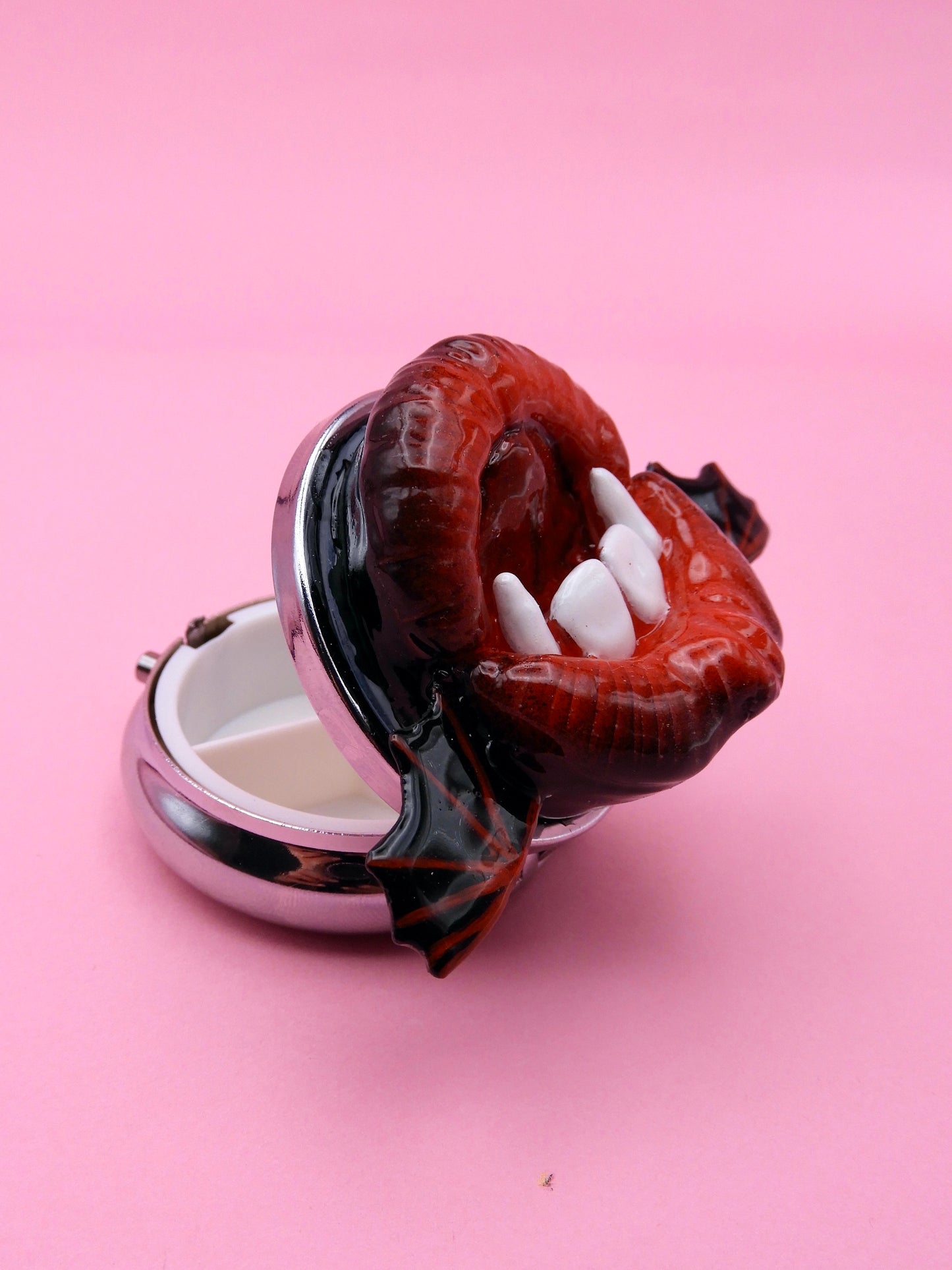 Pop Surreal Vampire Pill Box with Bat Wings – Weird Gothic – Surrealism Sculpture – Handmade Polymer Clay Art