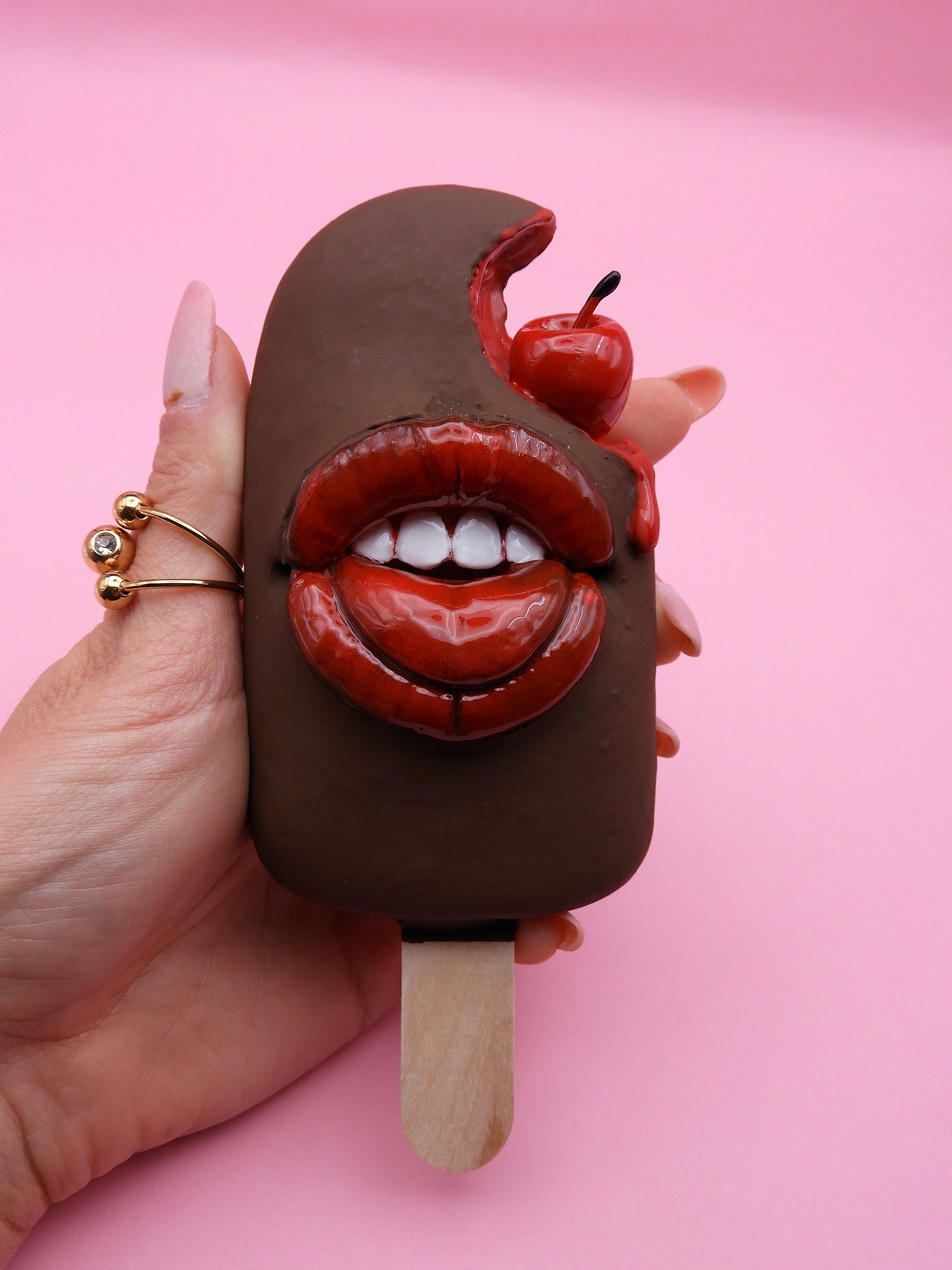 Pop Surreal Ice Cream Stick with Mouth – Weird Sweet Decor – Surrealism Sculpture – Handmade Polymer Clay Art