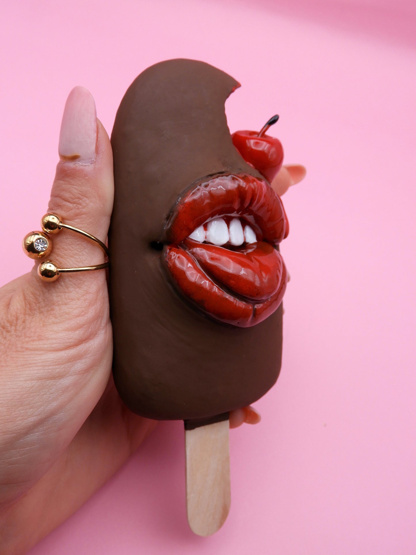 Pop Surreal Ice Cream Stick with Mouth – Weird Sweet Decor – Surrealism Sculpture – Handmade Polymer Clay Art