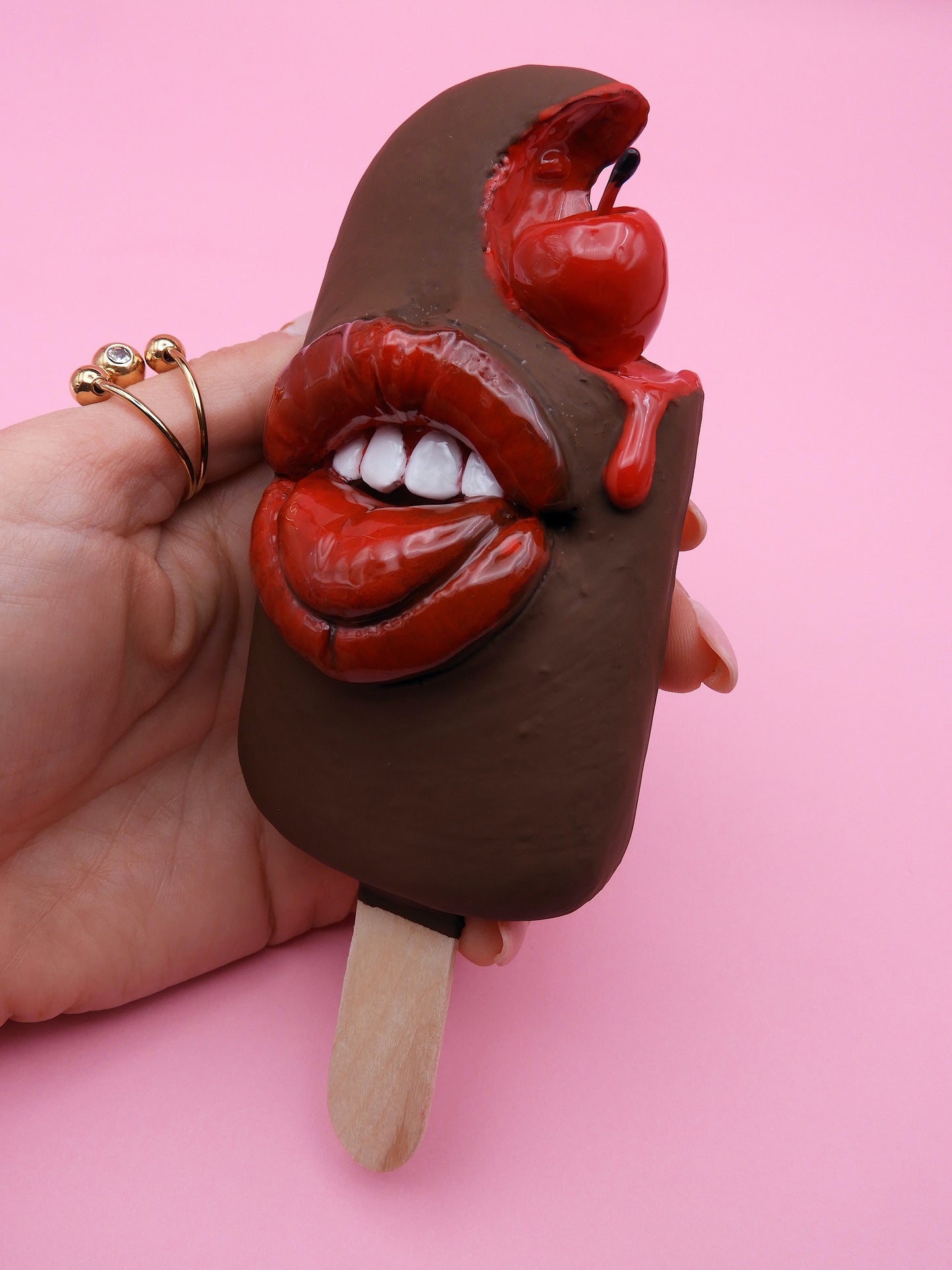 Pop Surreal Ice Cream Stick with Mouth – Weird Sweet Decor – Surrealism Sculpture – Handmade Polymer Clay Art