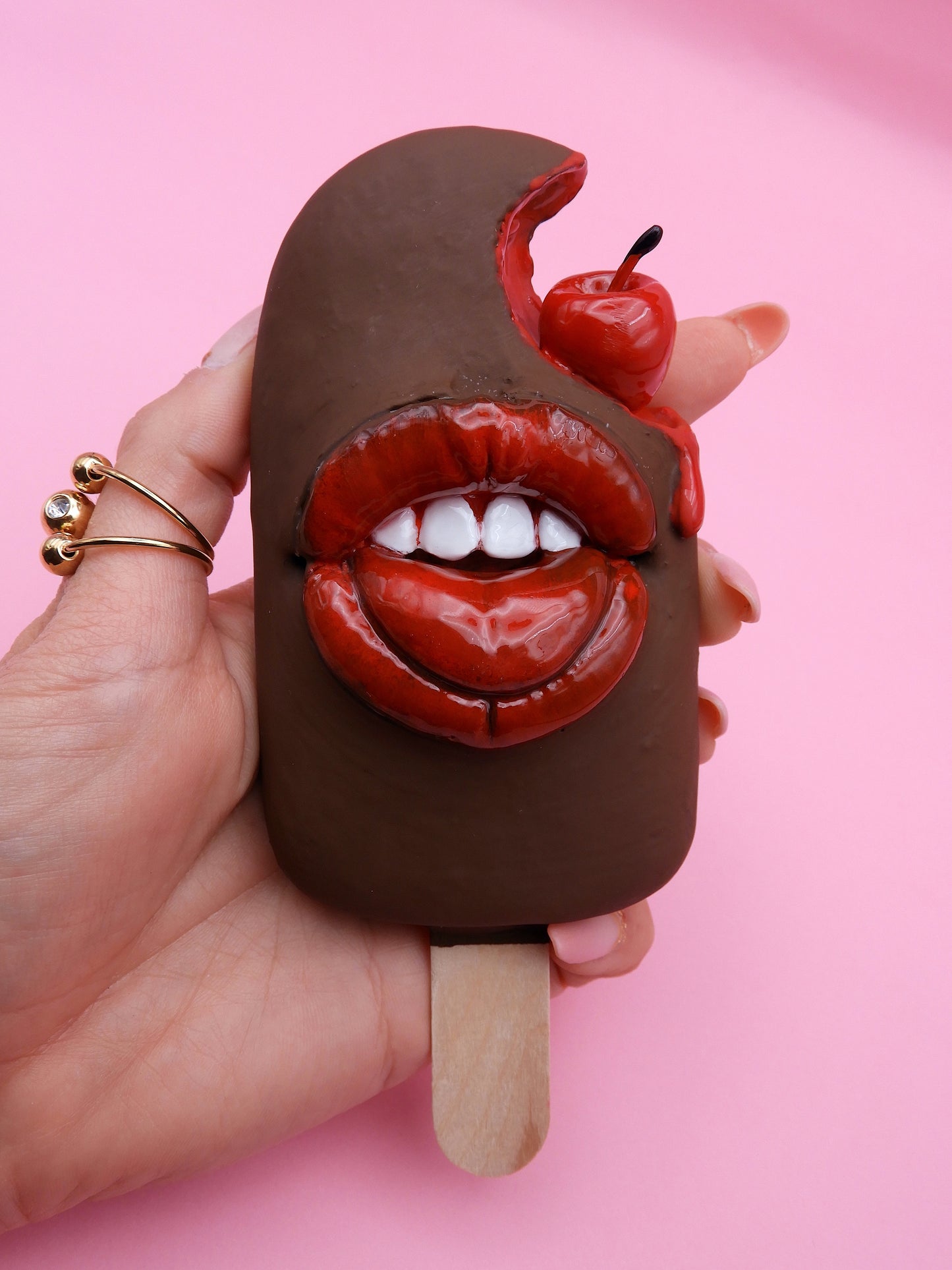 Pop Surreal Ice Cream Stick with Mouth – Weird Sweet Decor – Surrealism Sculpture – Handmade Polymer Clay Art