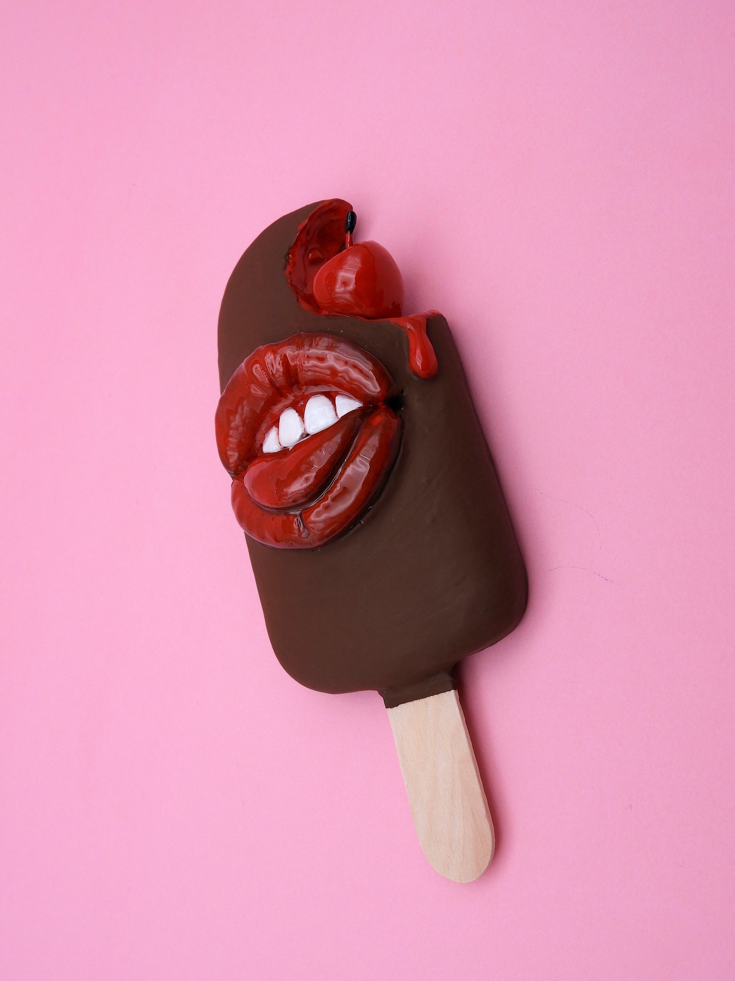 Pop Surreal Ice Cream Stick with Mouth – Weird Sweet Decor – Surrealism Sculpture – Handmade Polymer Clay Art