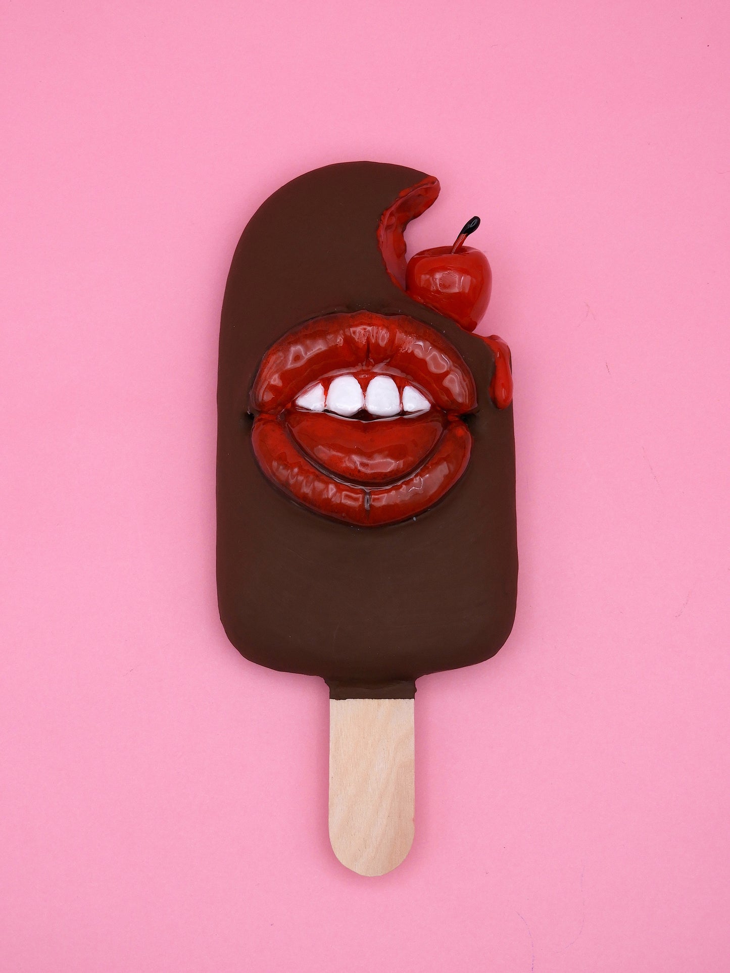 Pop Surreal Ice Cream Stick with Mouth – Weird Sweet Decor – Surrealism Sculpture – Handmade Polymer Clay Art