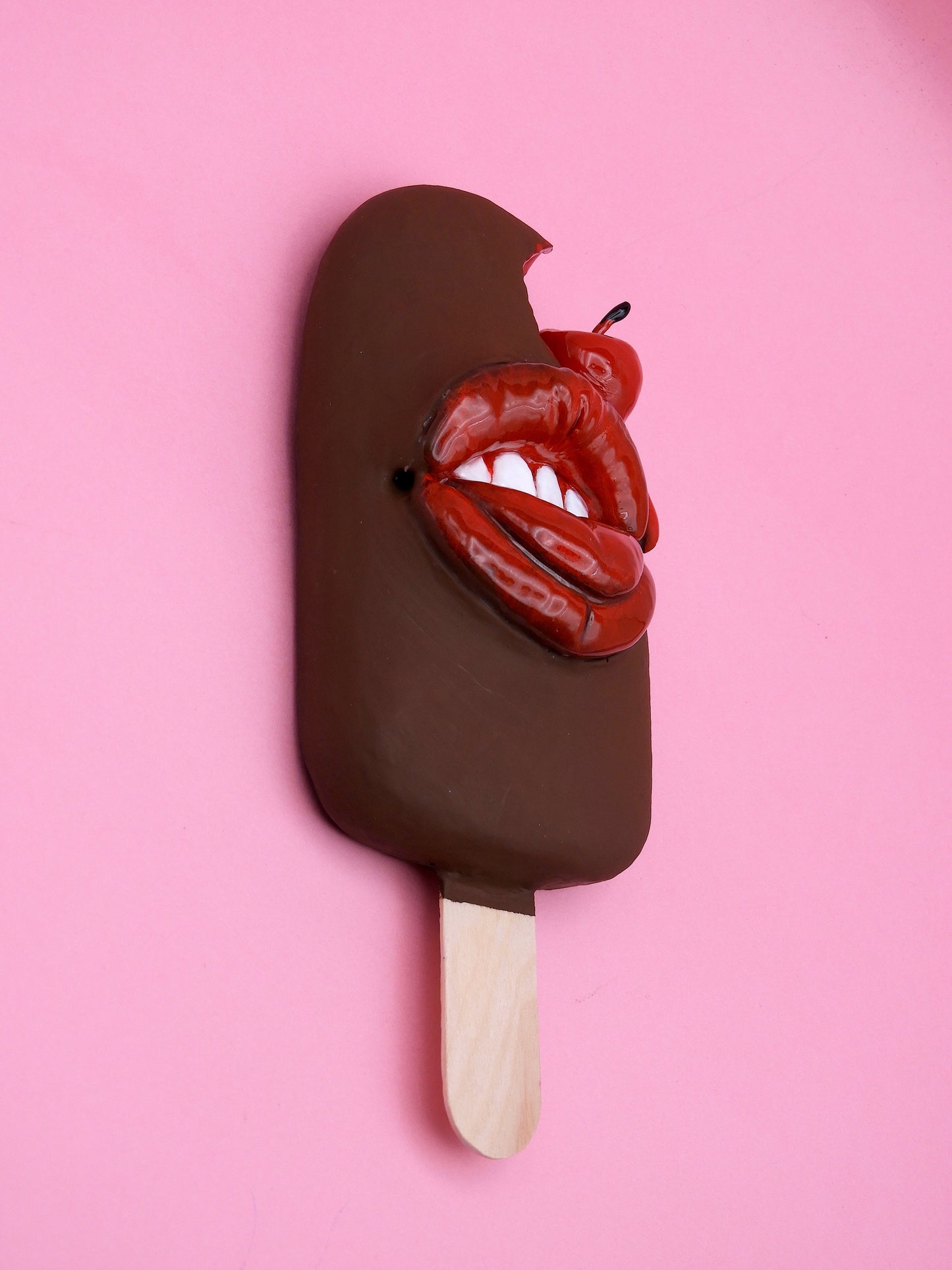 Pop Surreal Ice Cream Stick with Mouth – Weird Sweet Decor – Surrealism Sculpture – Handmade Polymer Clay Art